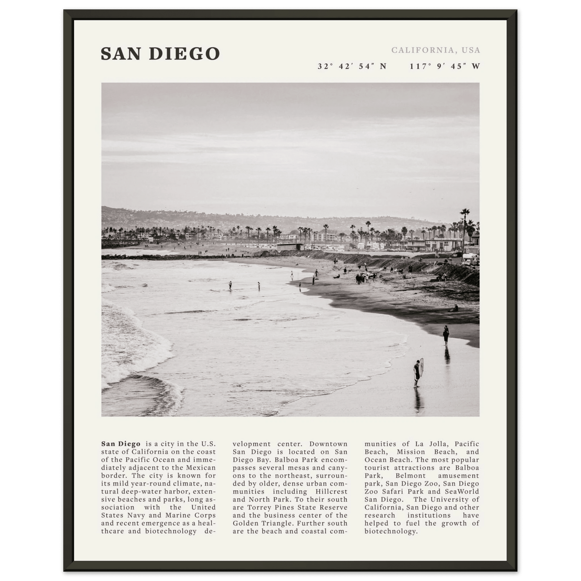 San Diego Poster | Black & White California Beach Wall Art | Coastal Travel Print Decor - Evergreen Posters