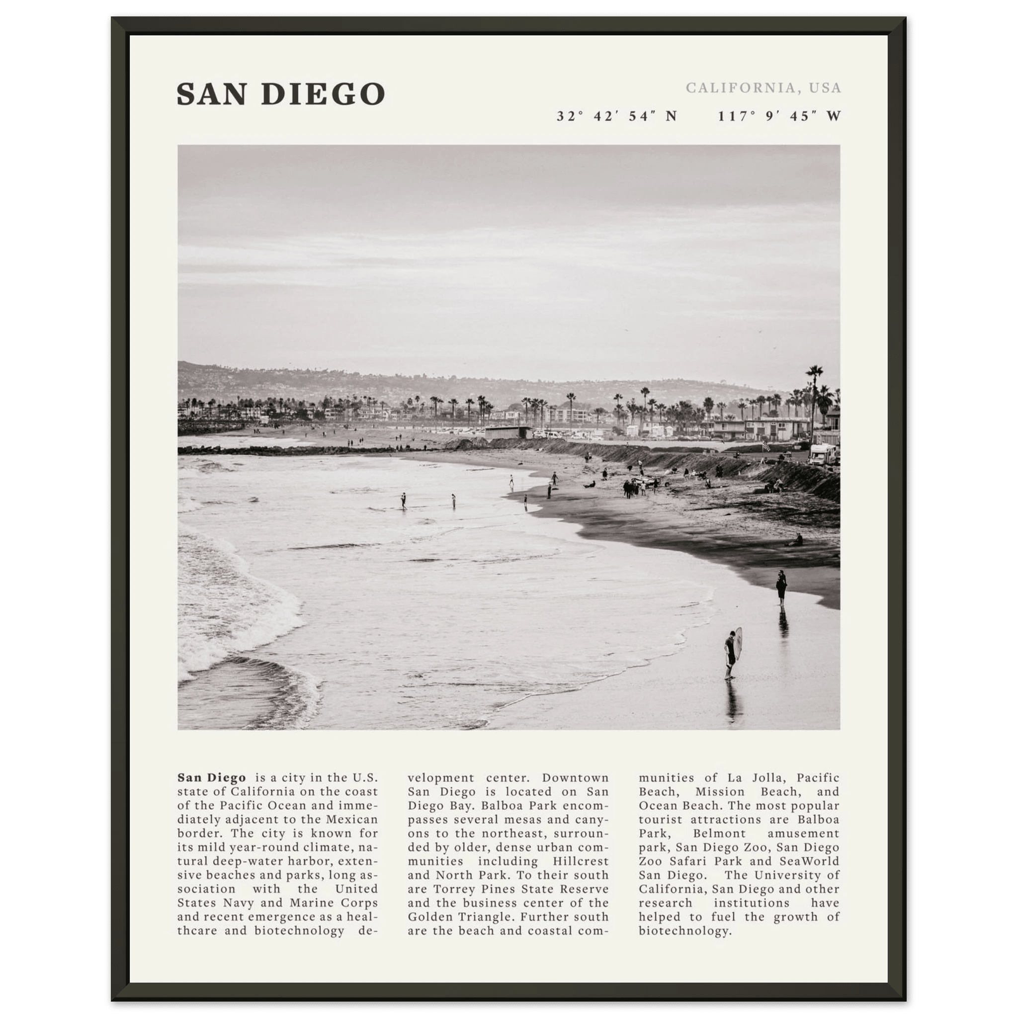 San Diego Poster | Black & White California Beach Wall Art | Coastal Travel Print Decor - Evergreen Posters