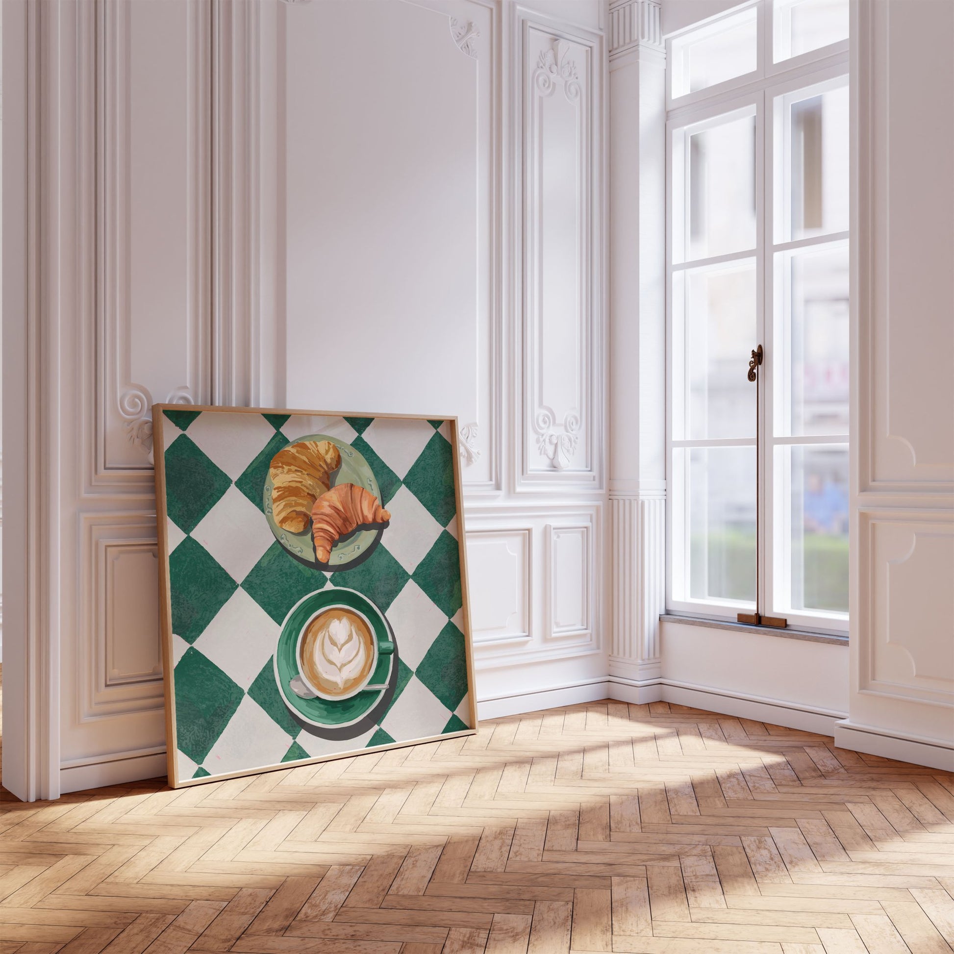 Croissant & Latte Poster | Classic Kitchen Wall Art | Green Tile Square Breakfast Print - Evergreen Posters - 39