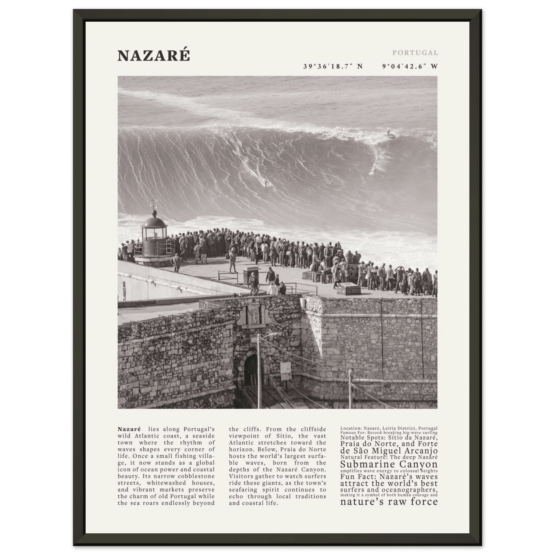 Nazaré Portugal Poster Black and White – Vintage Big Waves Surf Print (Digital & Printed Options) - Evergreen Posters