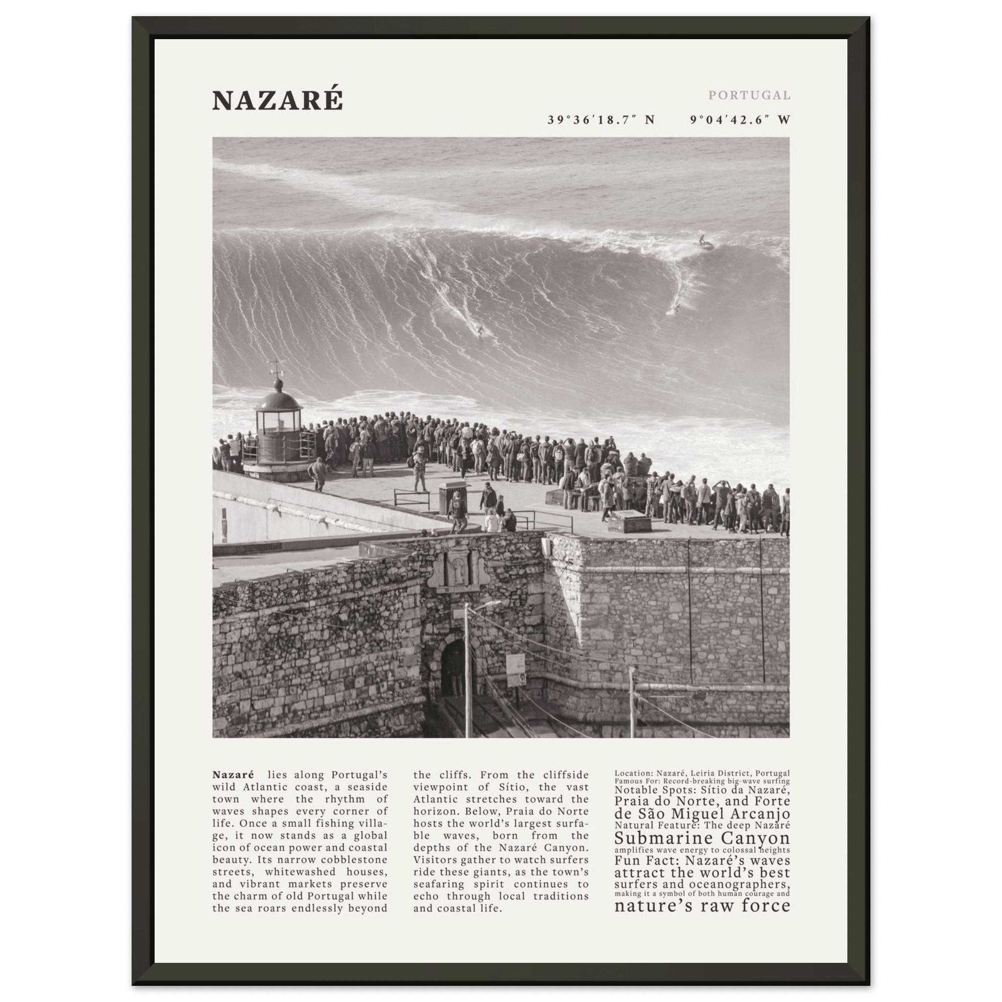 Nazaré Portugal Poster Black and White – Vintage Big Waves Surf Print (Digital & Printed Options) - Evergreen Posters