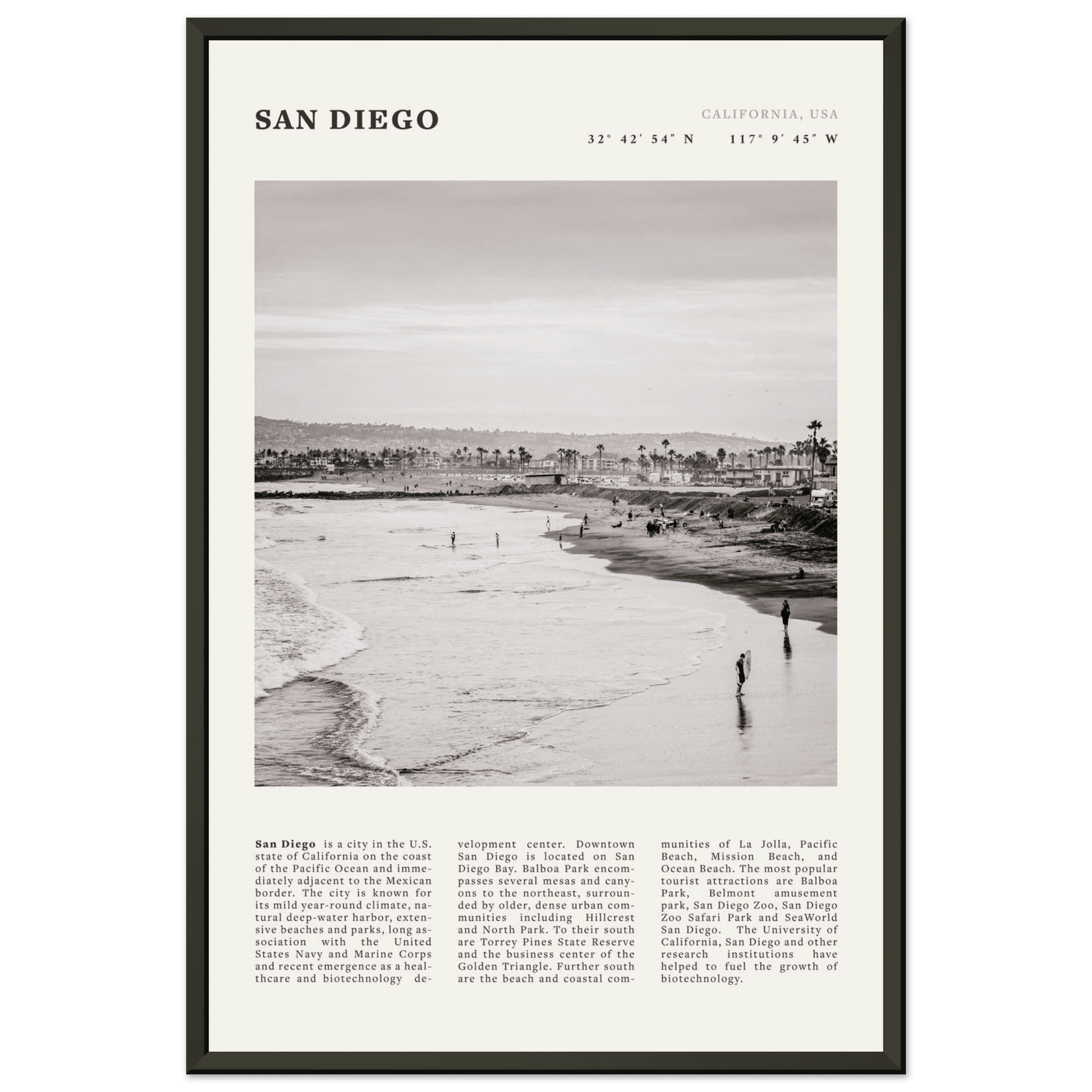 San Diego Poster | Black & White California Beach Wall Art | Coastal Travel Print Decor - Evergreen Posters