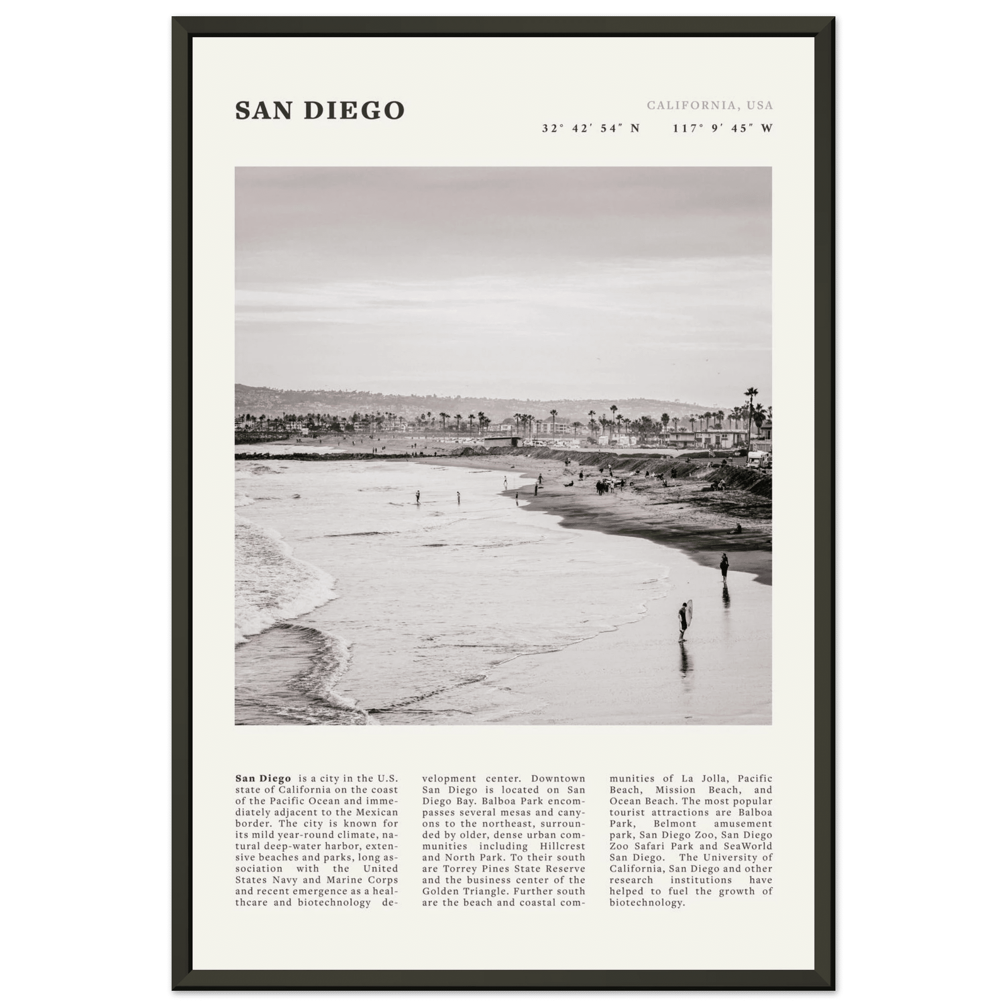 San Diego Poster | Black & White California Beach Wall Art | Coastal Travel Print Decor - Evergreen Posters