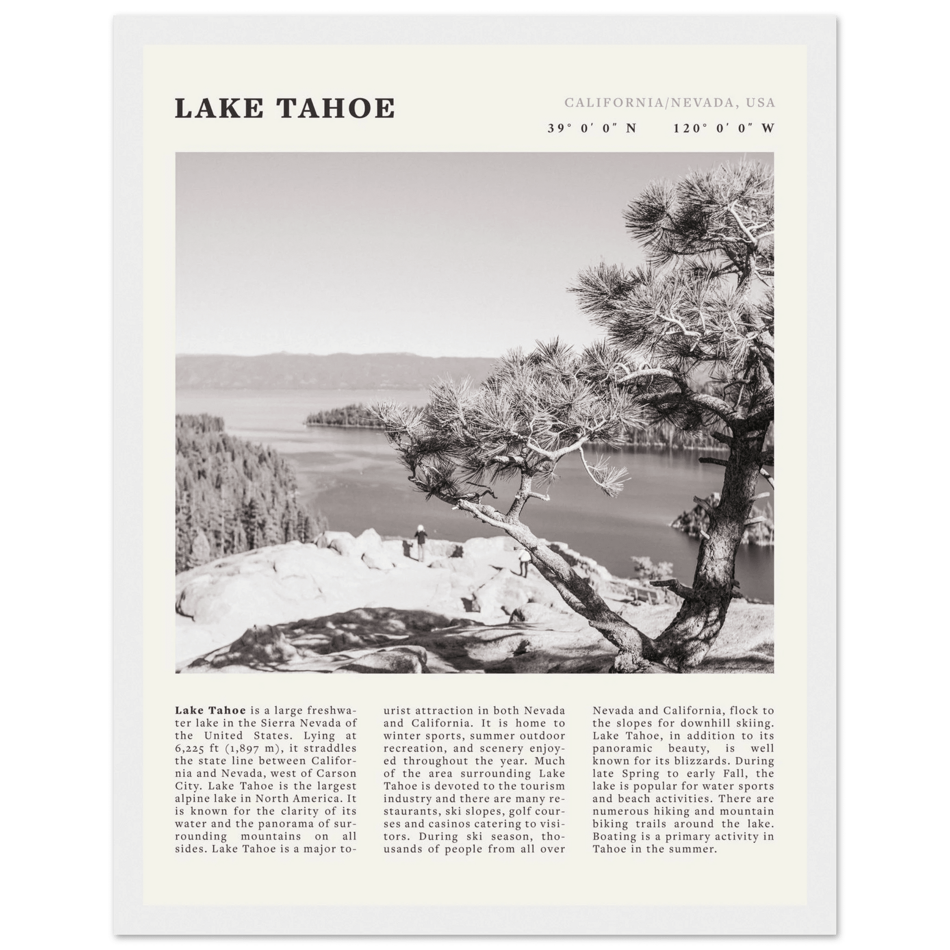 Lake Tahoe Poster | Black & White California Nevada Wall Art | Nature Travel Print Decor - Evergreen Posters