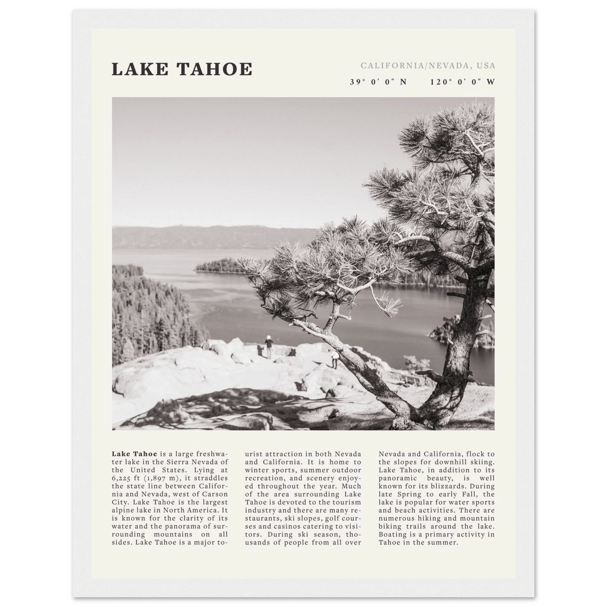 Lake Tahoe Poster | Black & White California Nevada Wall Art | Nature Travel Print Decor - Evergreen Posters