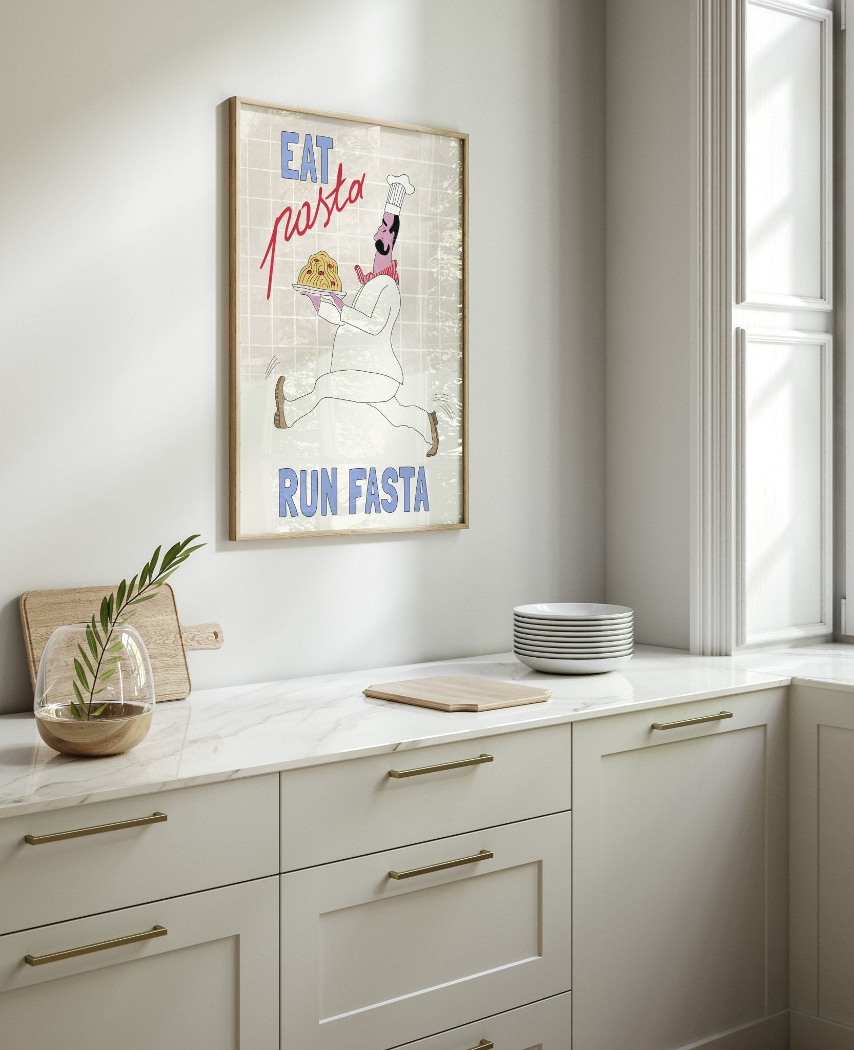Eat Pasta Run Fasta Poster – Fun Kitchen Wall Art Print (Digital & Printed Options) - Evergreen Posters