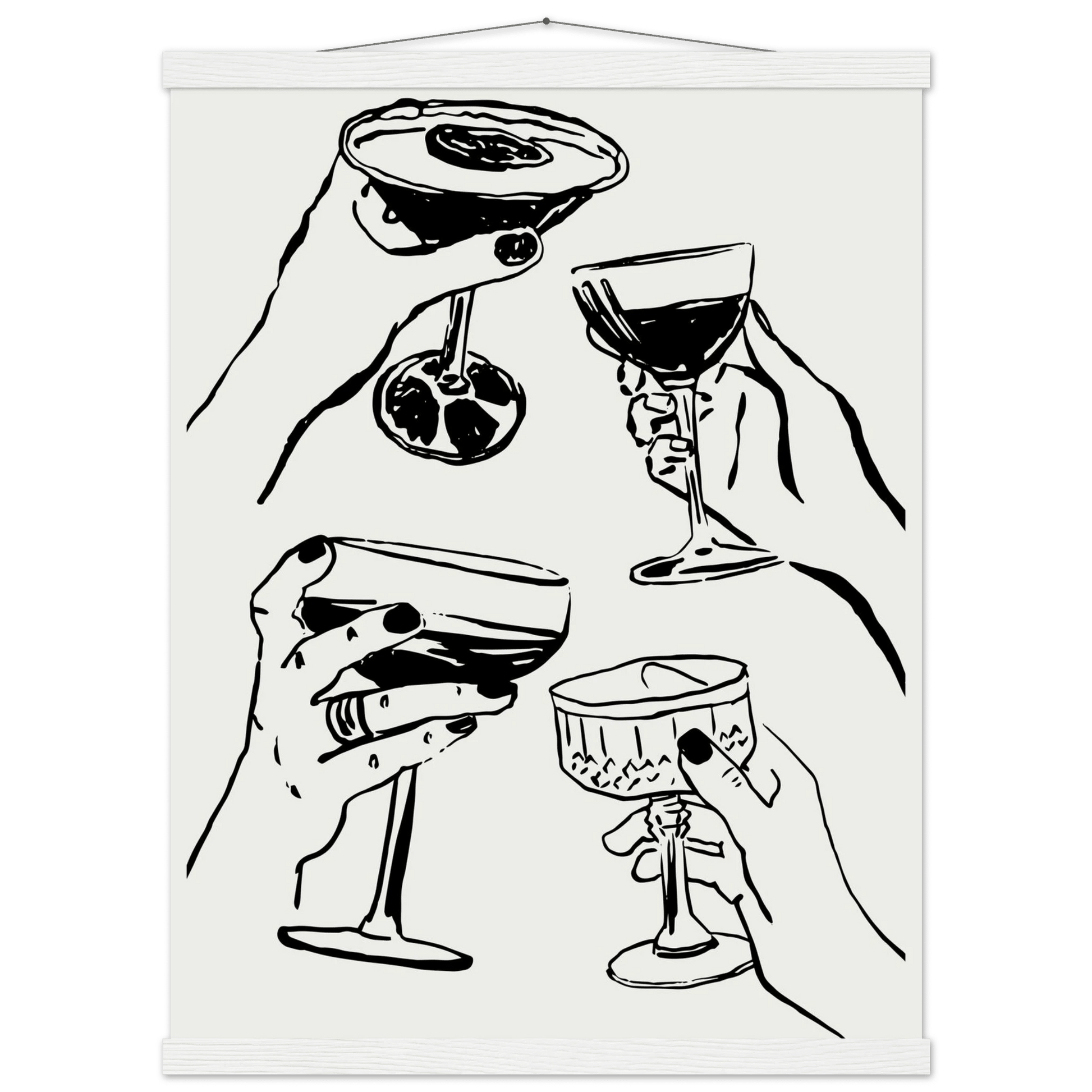 Cheers Print | Black Line Art Cocktail Glasses Wall Art | Kitchen Bar Poster - Evergreen Posters