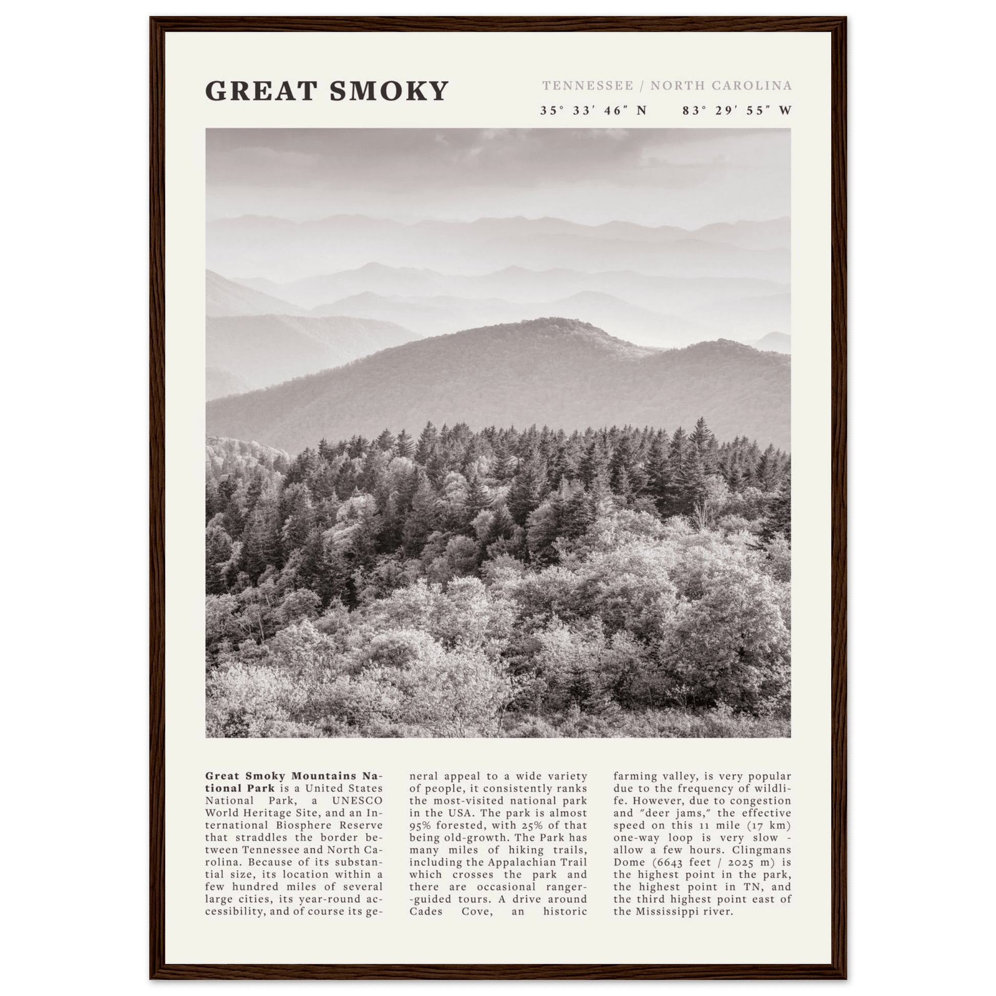 Great Smoky Mountains Poster | Black & White National Park Wall Art | Tennessee Print - Evergreen Posters