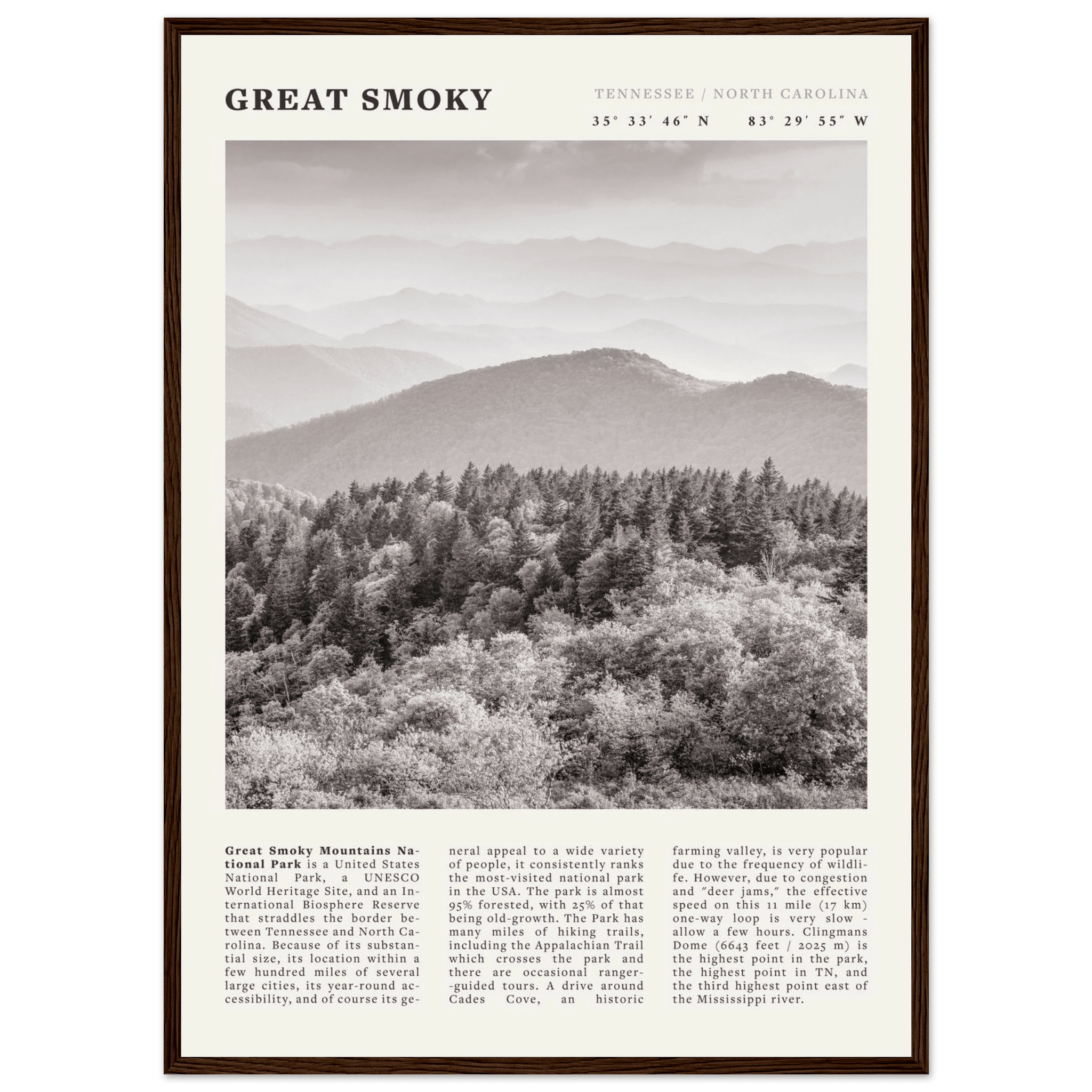 Great Smoky Mountains Poster | Black & White National Park Wall Art | Tennessee Print - Evergreen Posters