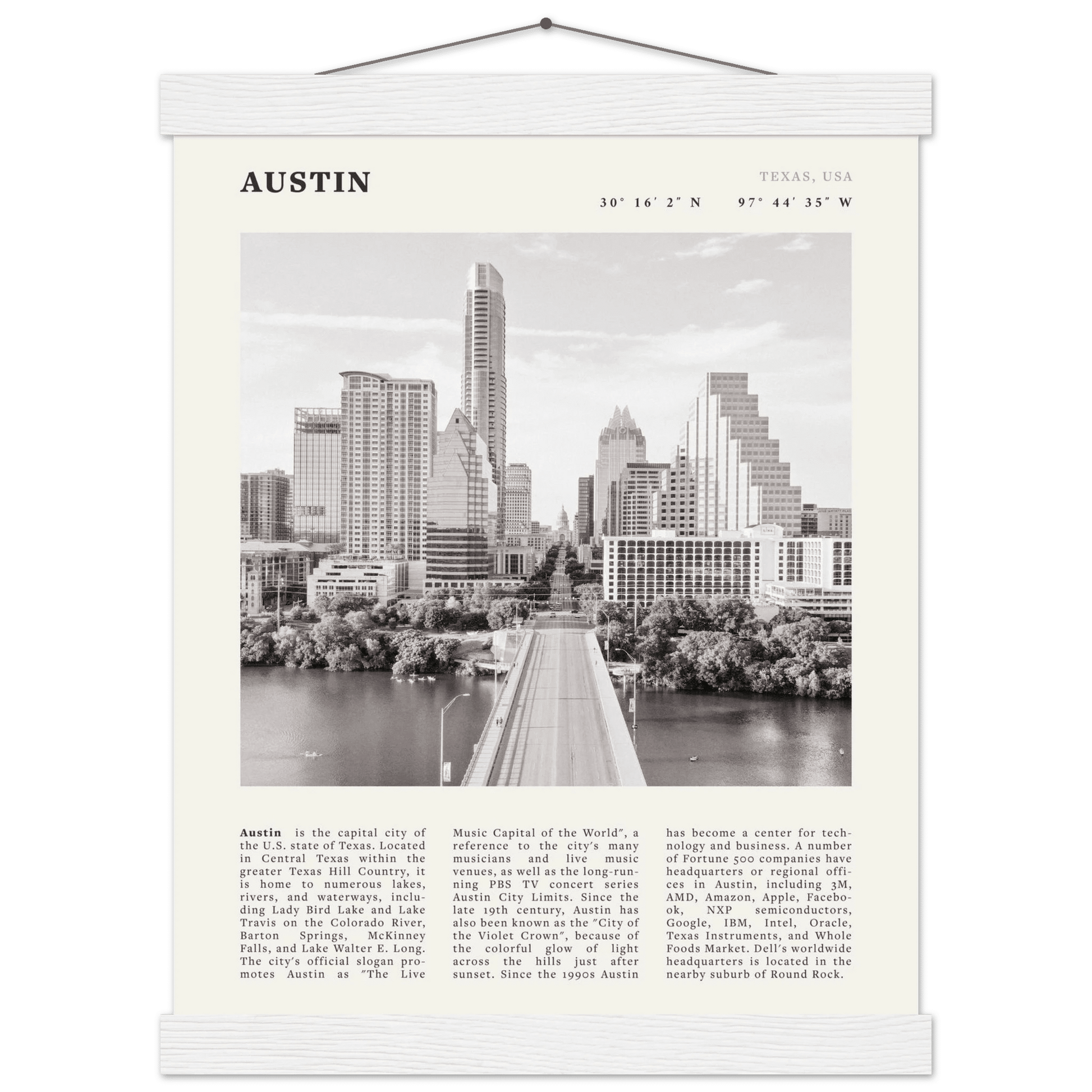 Austin Poster | Black & White Texas Skyline Wall Art | City Travel Print Decor - Evergreen Posters