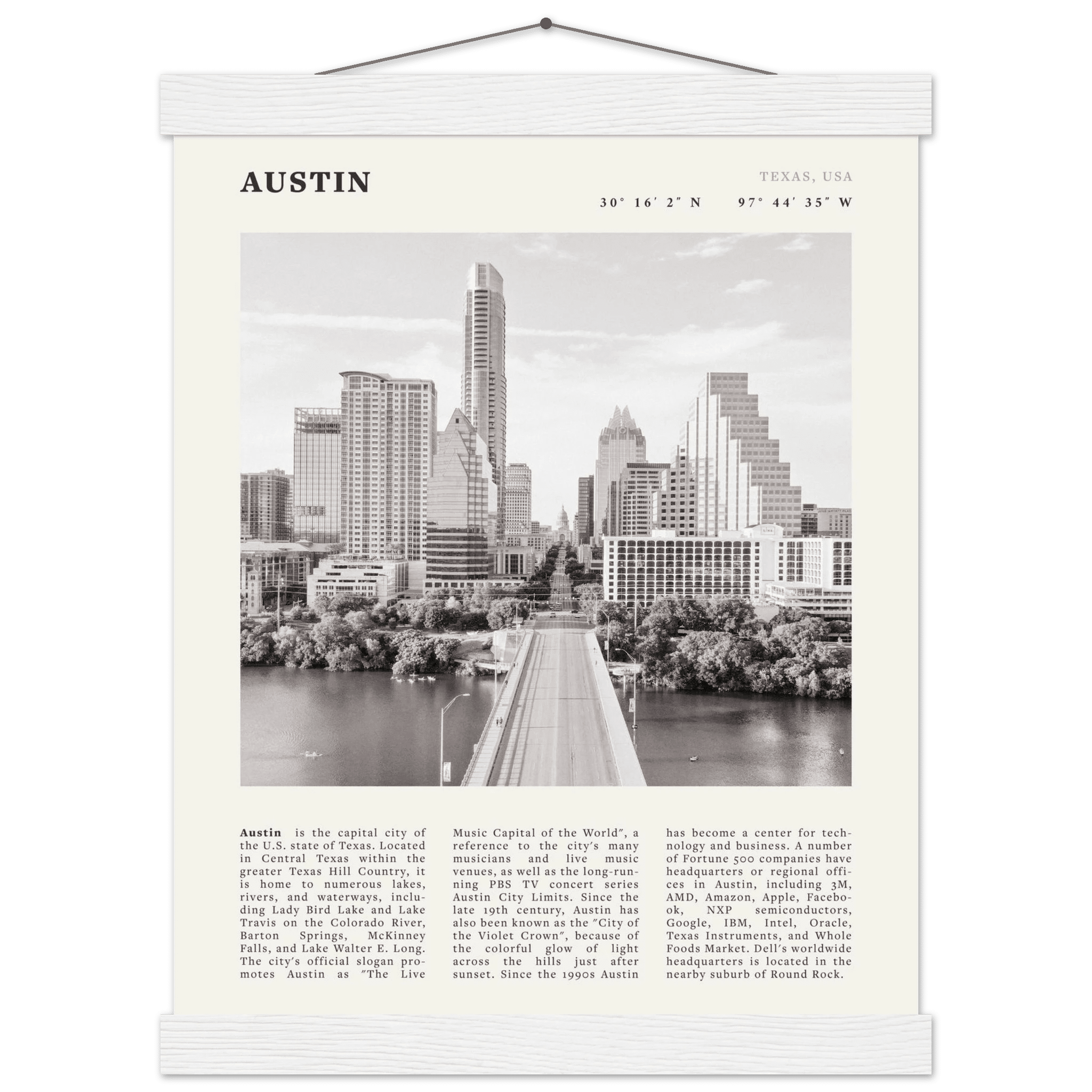 Austin Poster | Black & White Texas Skyline Wall Art | City Travel Print Decor - Evergreen Posters