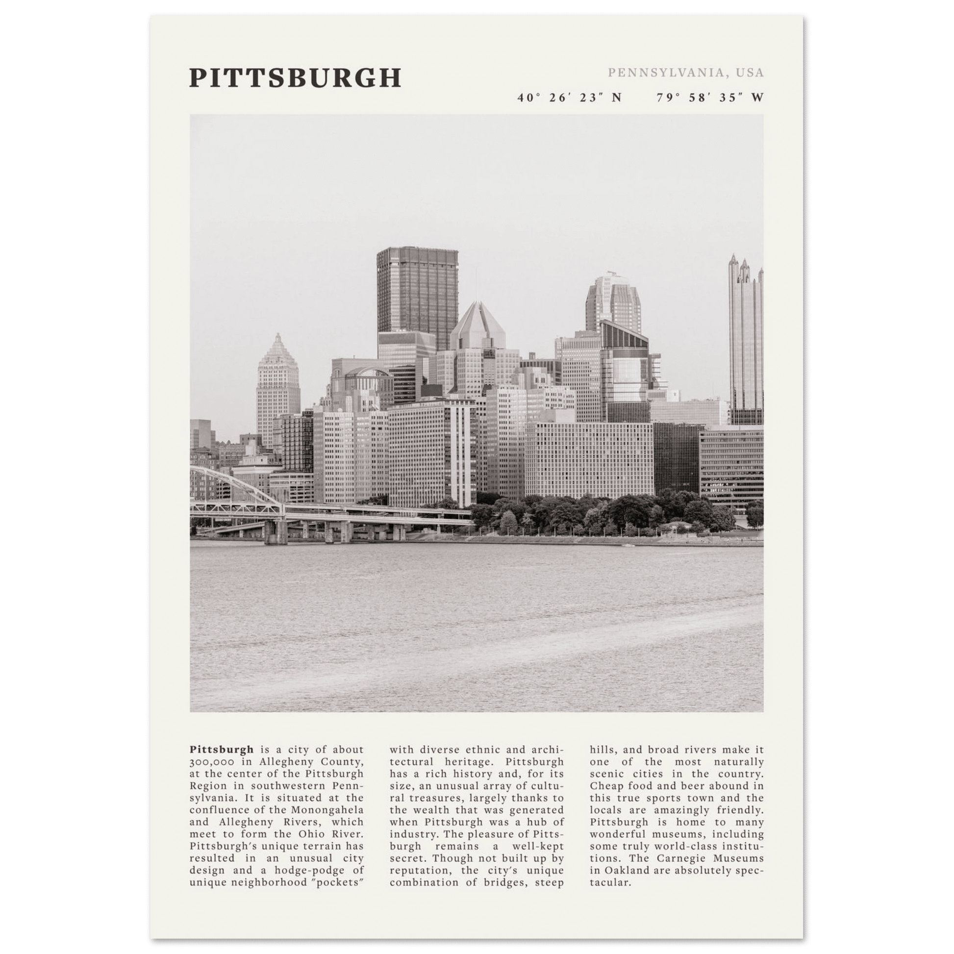Pittsburgh Poster | Black & White Pennsylvania Skyline Wall Art | PA Travel Print - Evergreen Posters