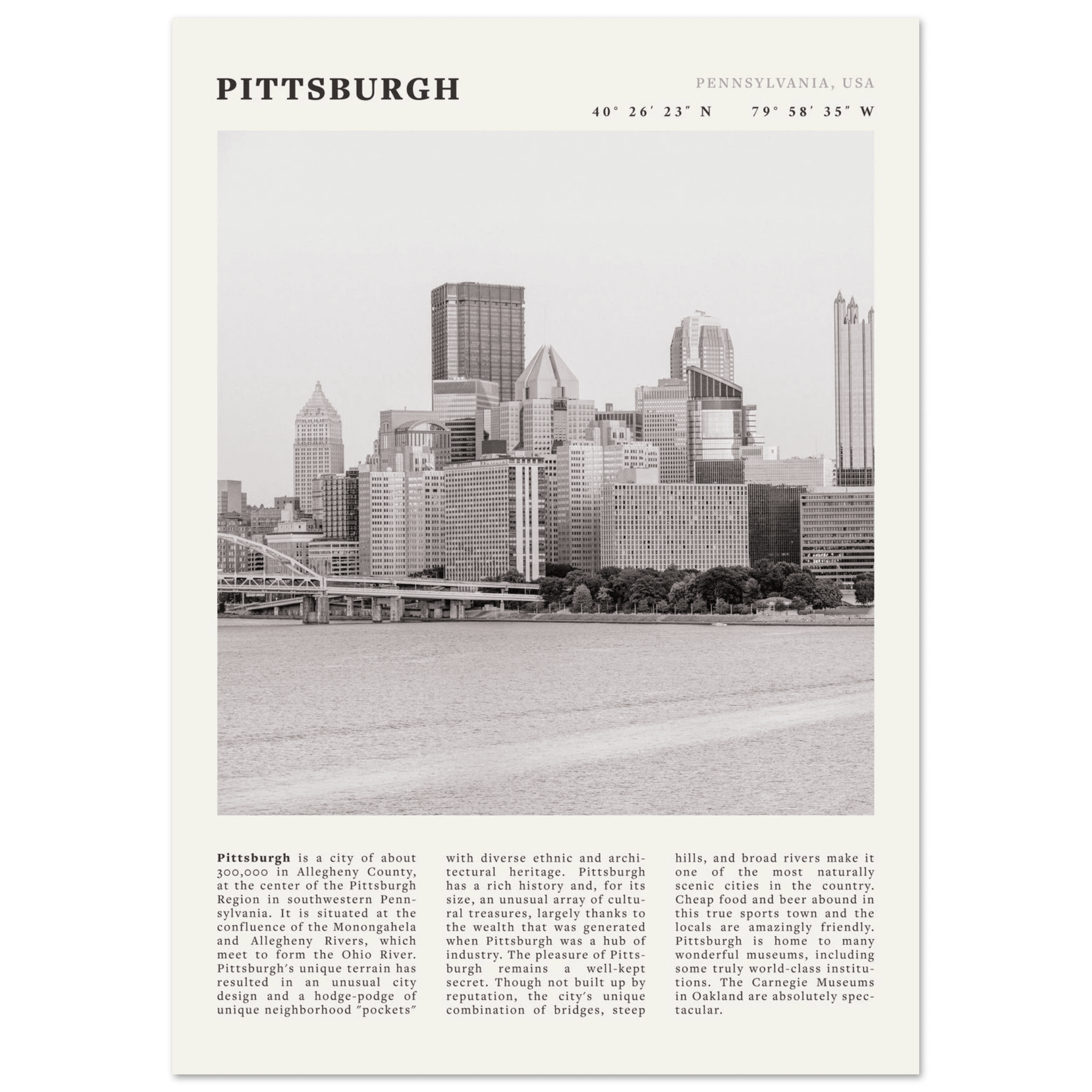 Pittsburgh Poster | Black & White Pennsylvania Skyline Wall Art | PA Travel Print - Evergreen Posters