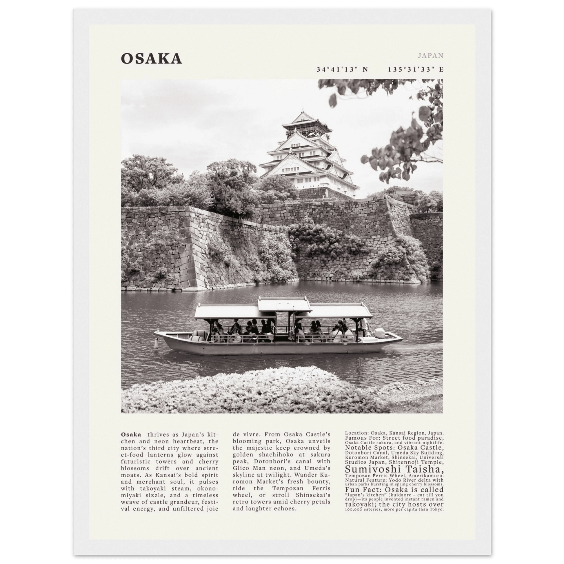 Osaka Poster Black and White – Vintage Osaka Castle Cherry Blossom Print (Digital & Printed Options) - Evergreen Posters