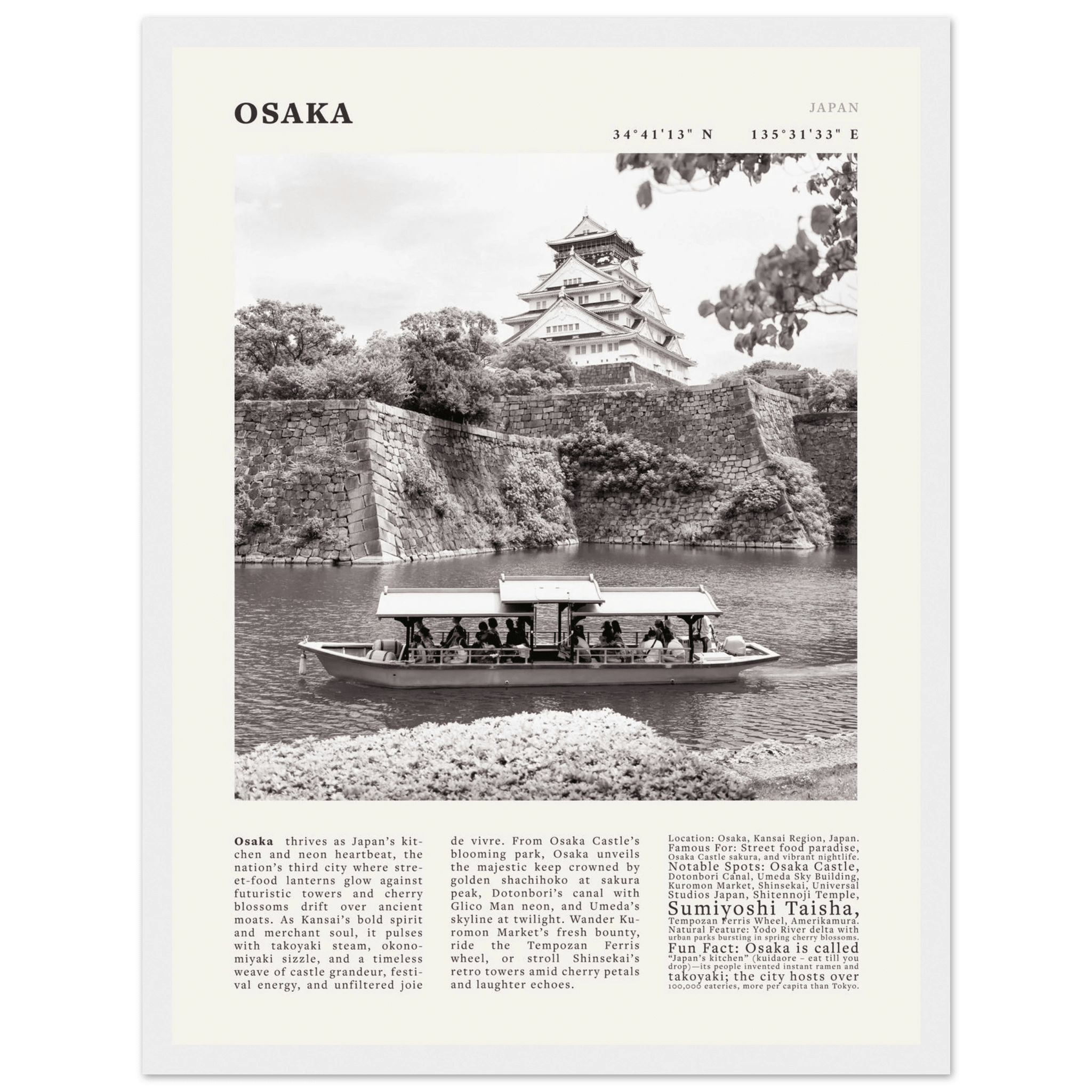 Osaka Poster Black and White – Vintage Osaka Castle Cherry Blossom Print (Digital & Printed Options) - Evergreen Posters