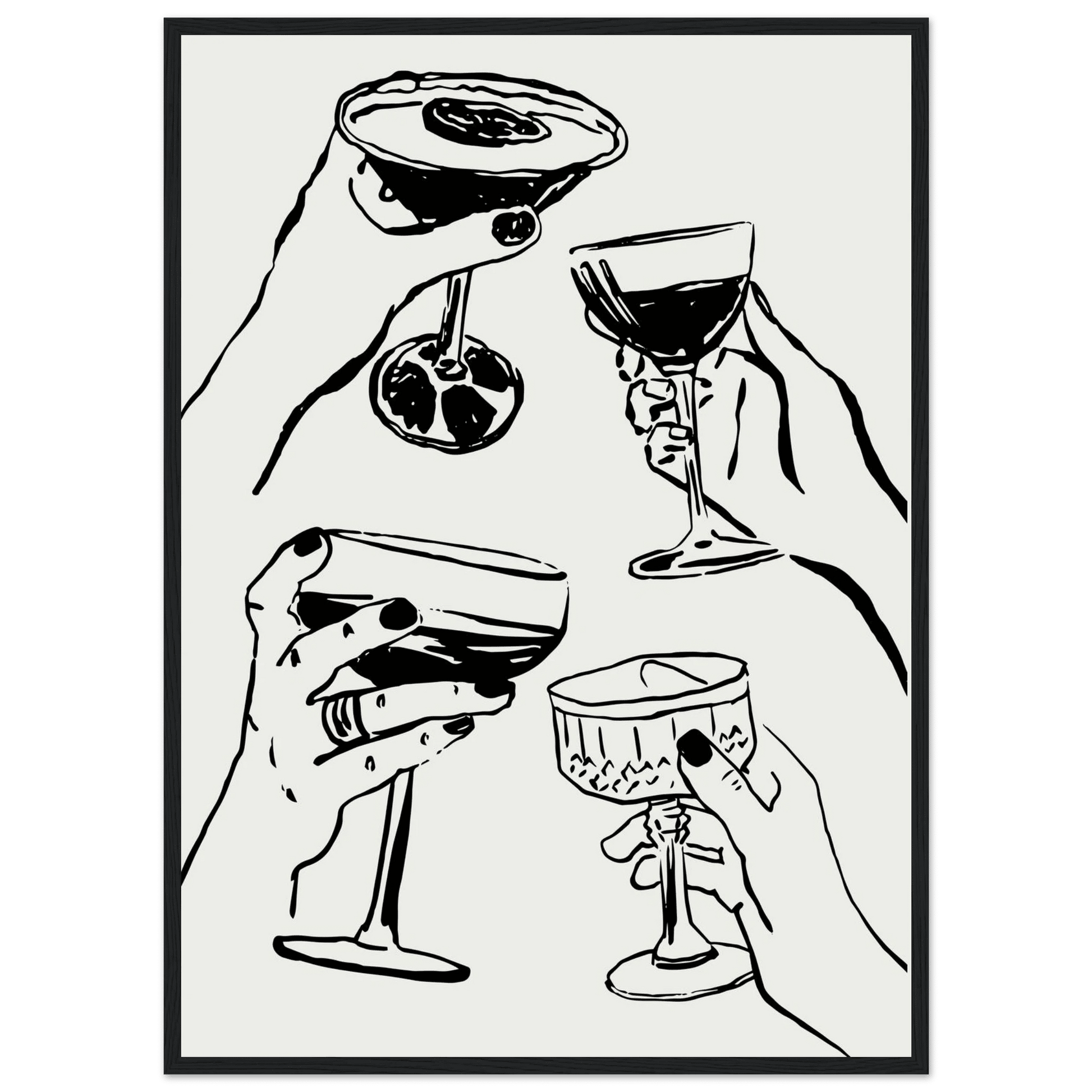 Cheers Print | Black Line Art Cocktail Glasses Wall Art | Kitchen Bar Poster - Evergreen Posters