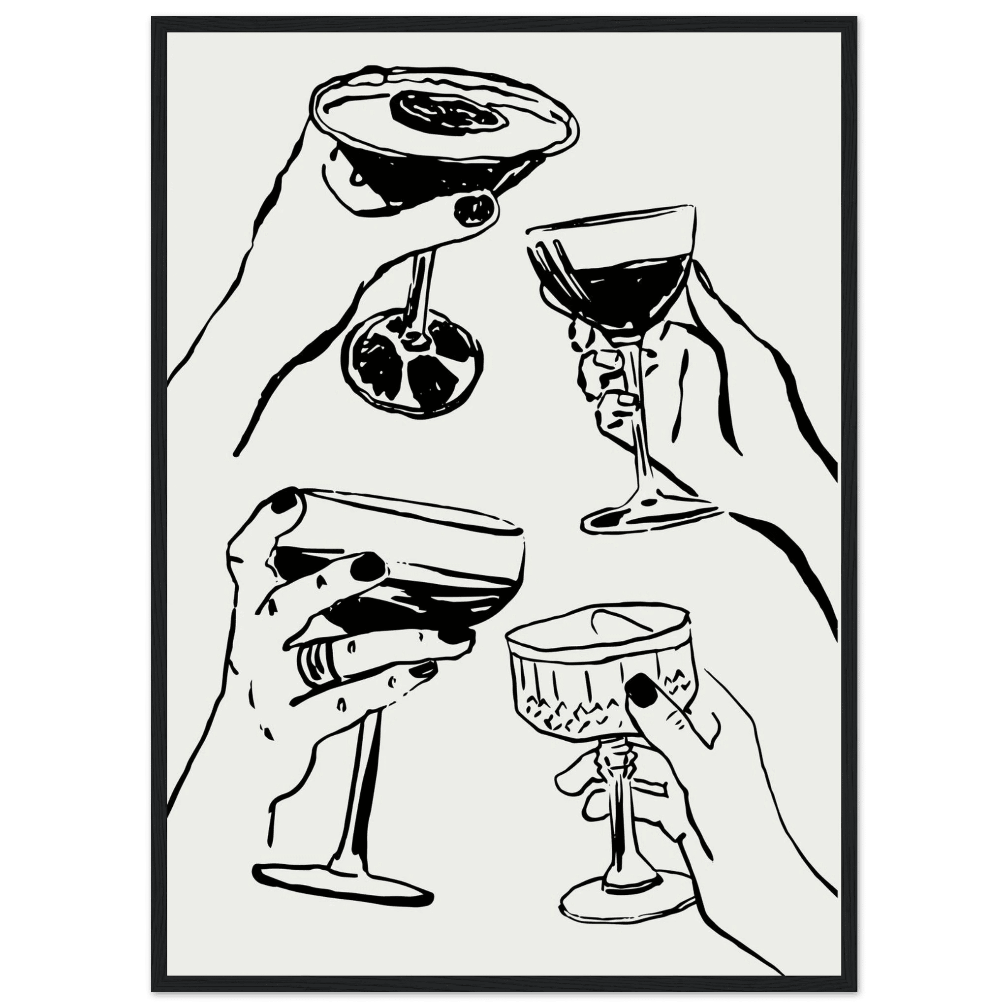 Cheers Print | Black Line Art Cocktail Glasses Wall Art | Kitchen Bar Poster - Evergreen Posters
