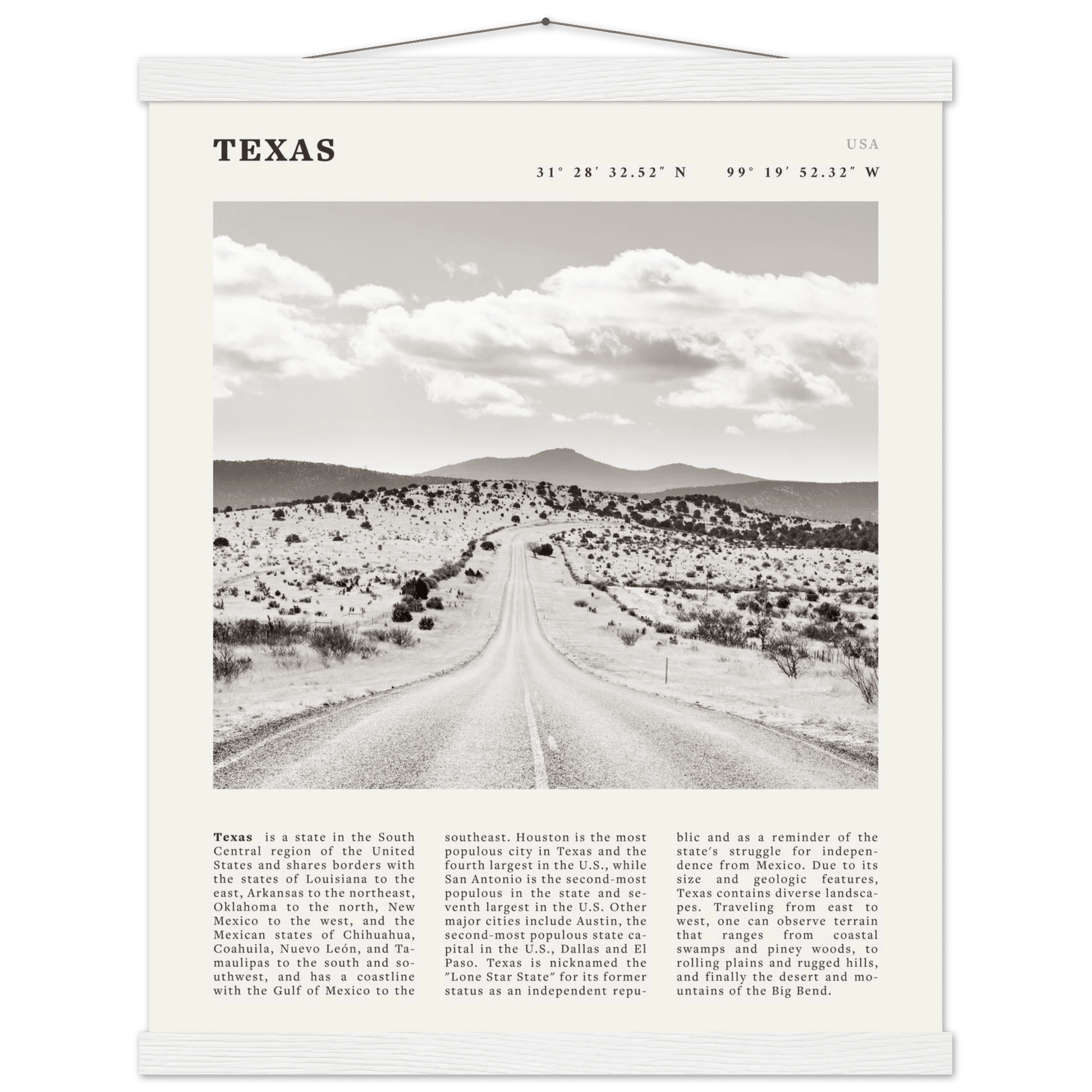 Texas Poster | Black & White Lone Star Road Wall Art | USA Travel Print Decor - Evergreen Posters