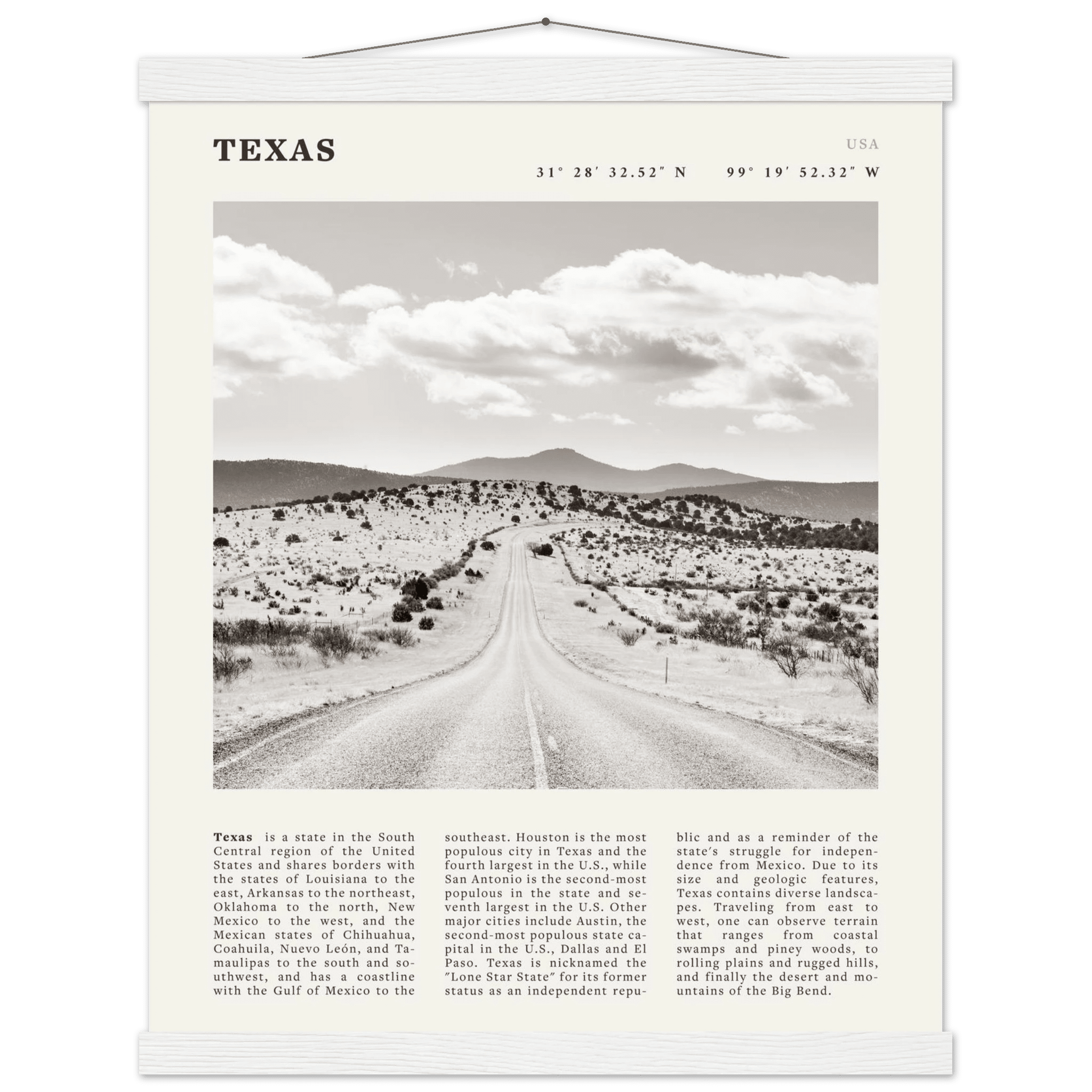 Texas Poster | Black & White Lone Star Road Wall Art | USA Travel Print Decor - Evergreen Posters