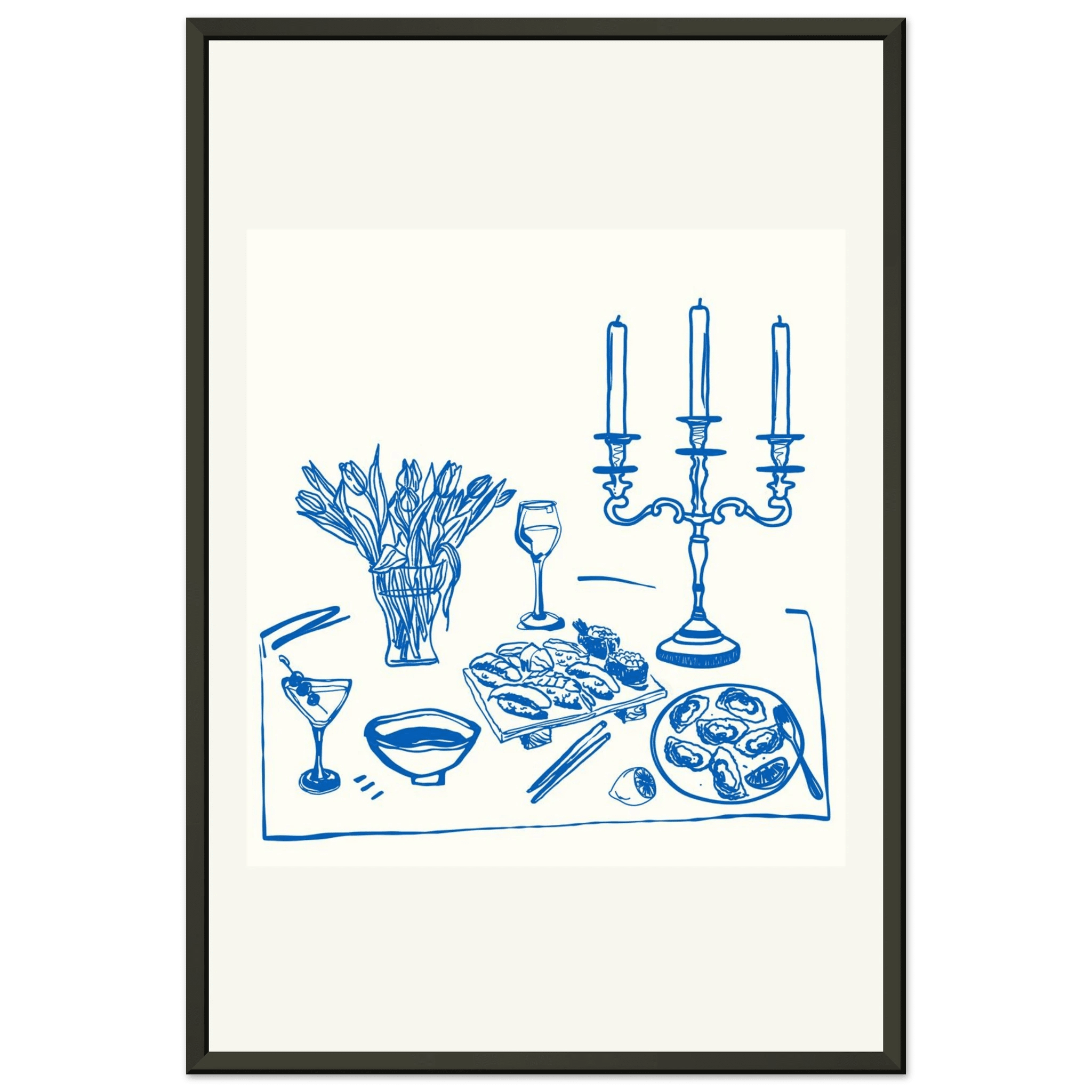 Fine Dining Table Print | Blue Line Art Kitchen Wall Art | Elegant Dining Room Poster - Evergreen Posters