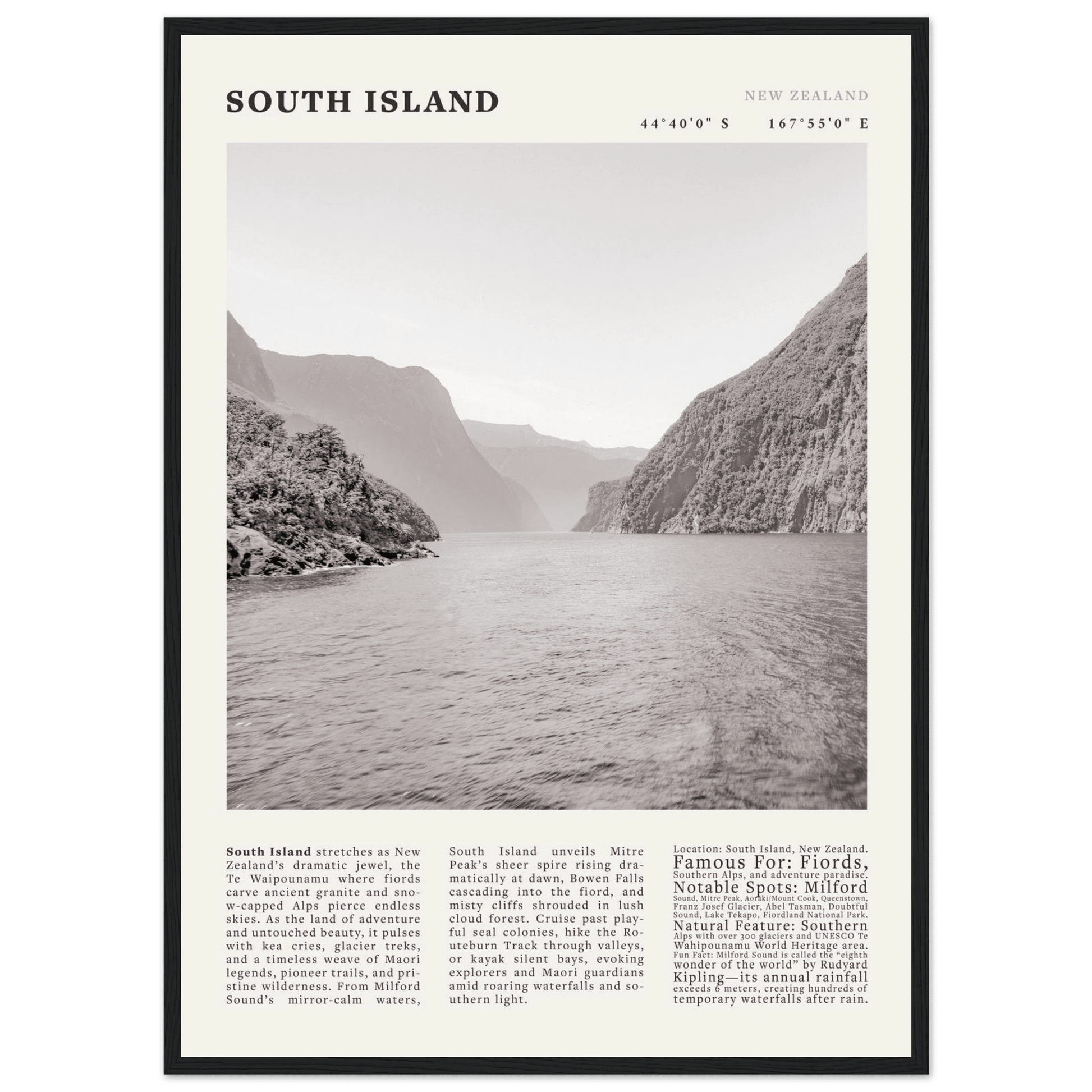 South Island New Zealand Poster Black and White – Vintage Milford Sound Fjord Print - Evergreen Posters