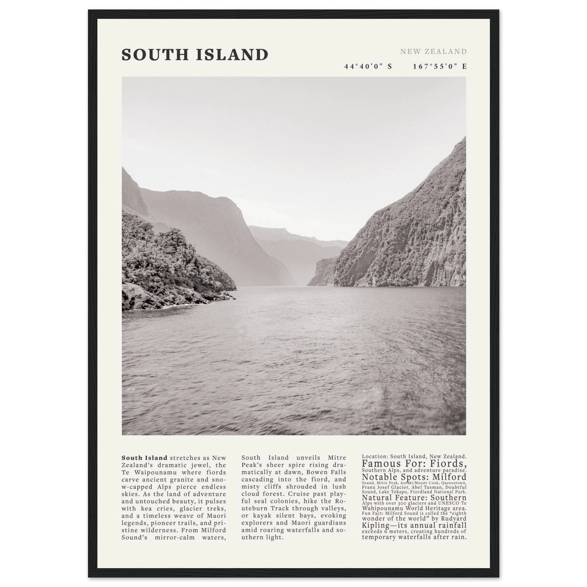 South Island New Zealand Poster Black and White – Vintage Milford Sound Fjord Print - Evergreen Posters