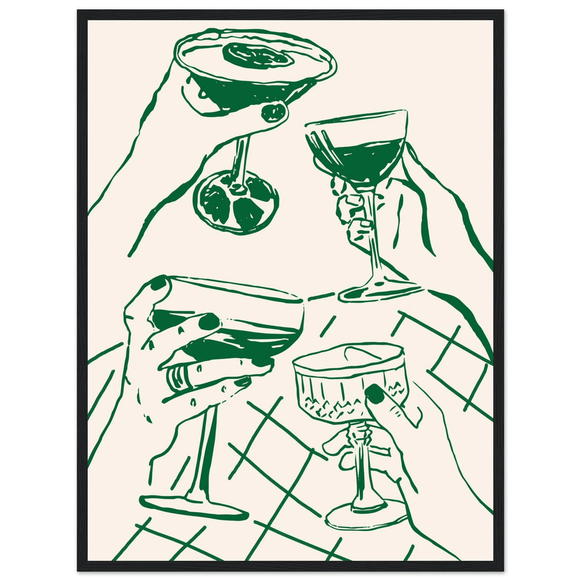 Cheers Print | Forest Green Cocktail Glasses Wall Art | Kitchen Bar Poster - Evergreen Posters