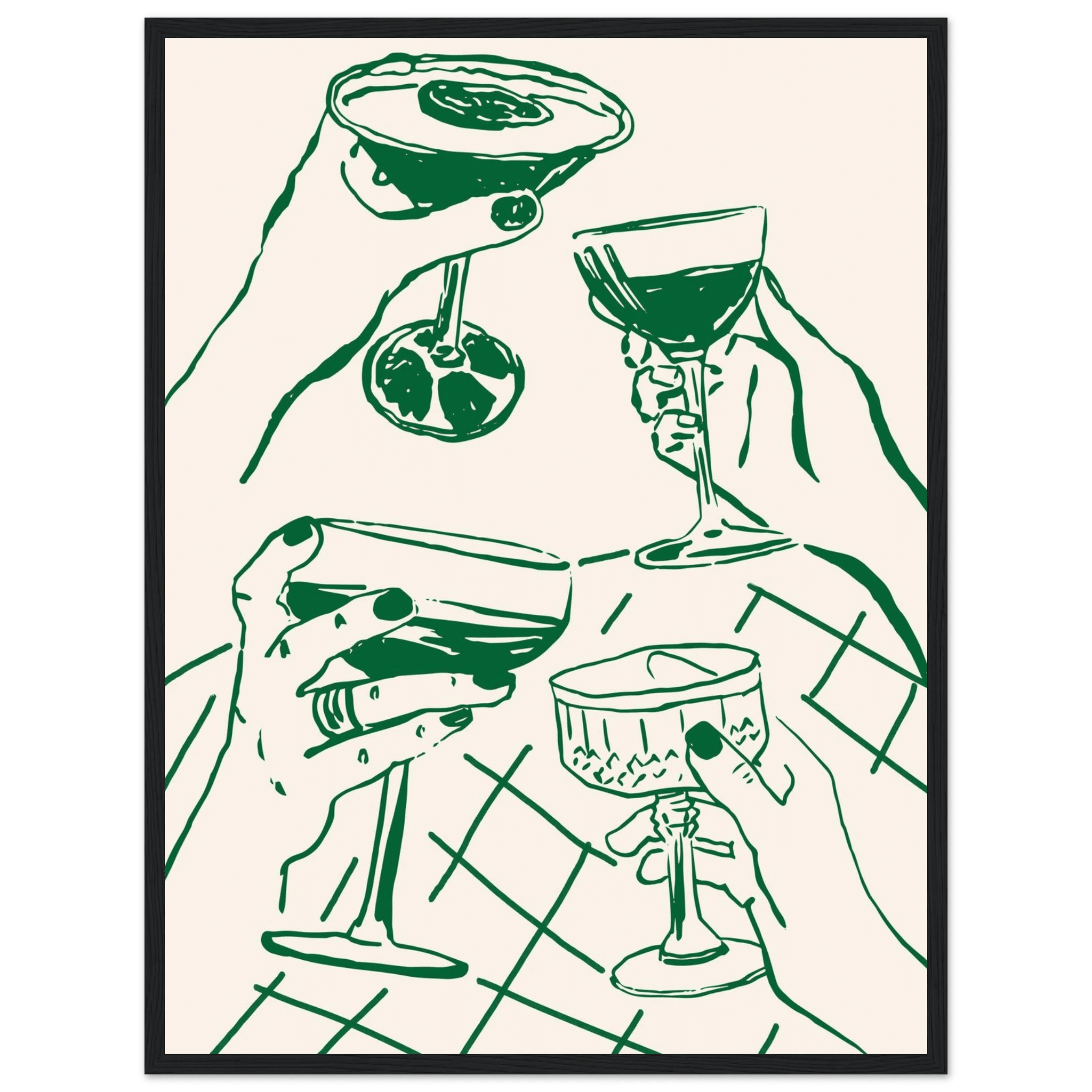Cheers Print | Forest Green Cocktail Glasses Wall Art | Kitchen Bar Poster - Evergreen Posters