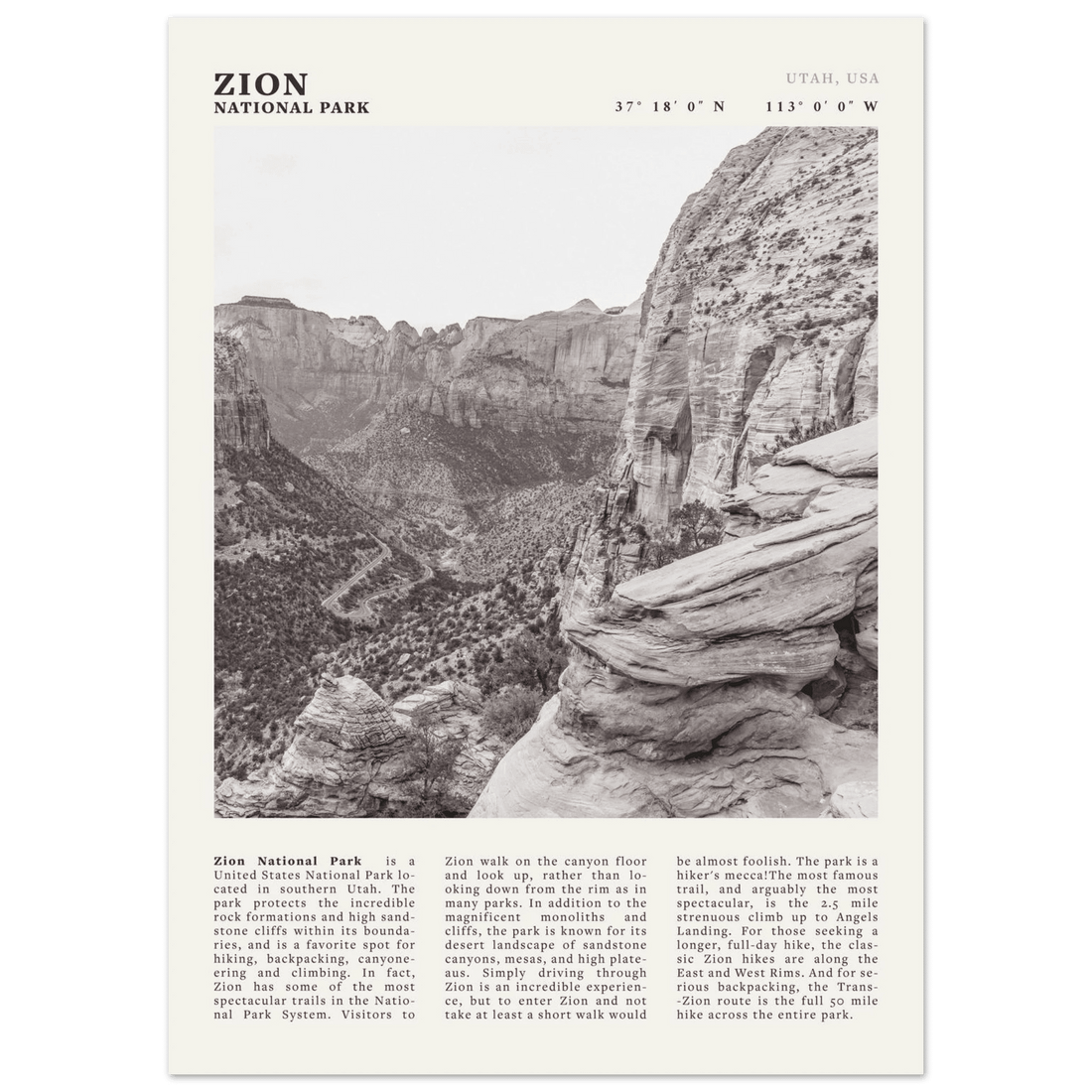 Zion National Park Poster | Black & White Utah Canyon Wall Art | USA Travel Print - Evergreen Posters