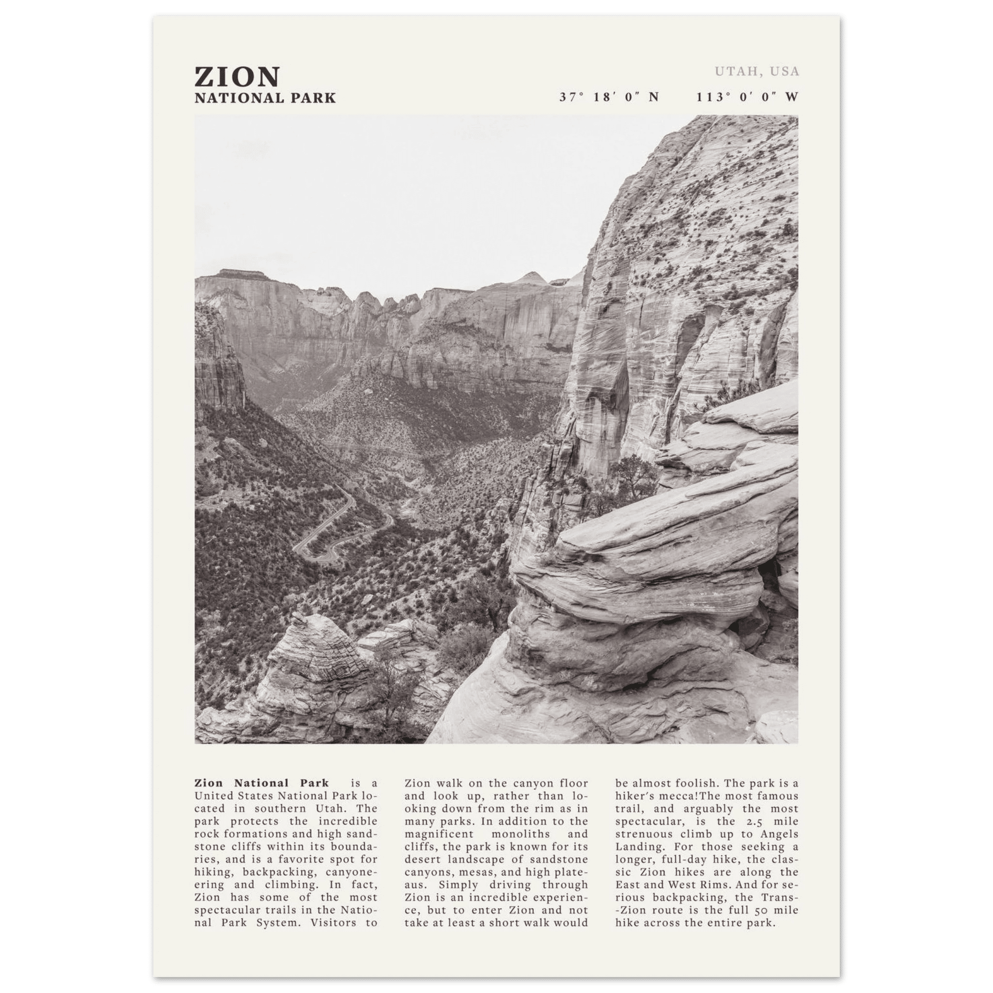 Zion National Park Poster | Black & White Utah Canyon Wall Art | USA Travel Print - Evergreen Posters