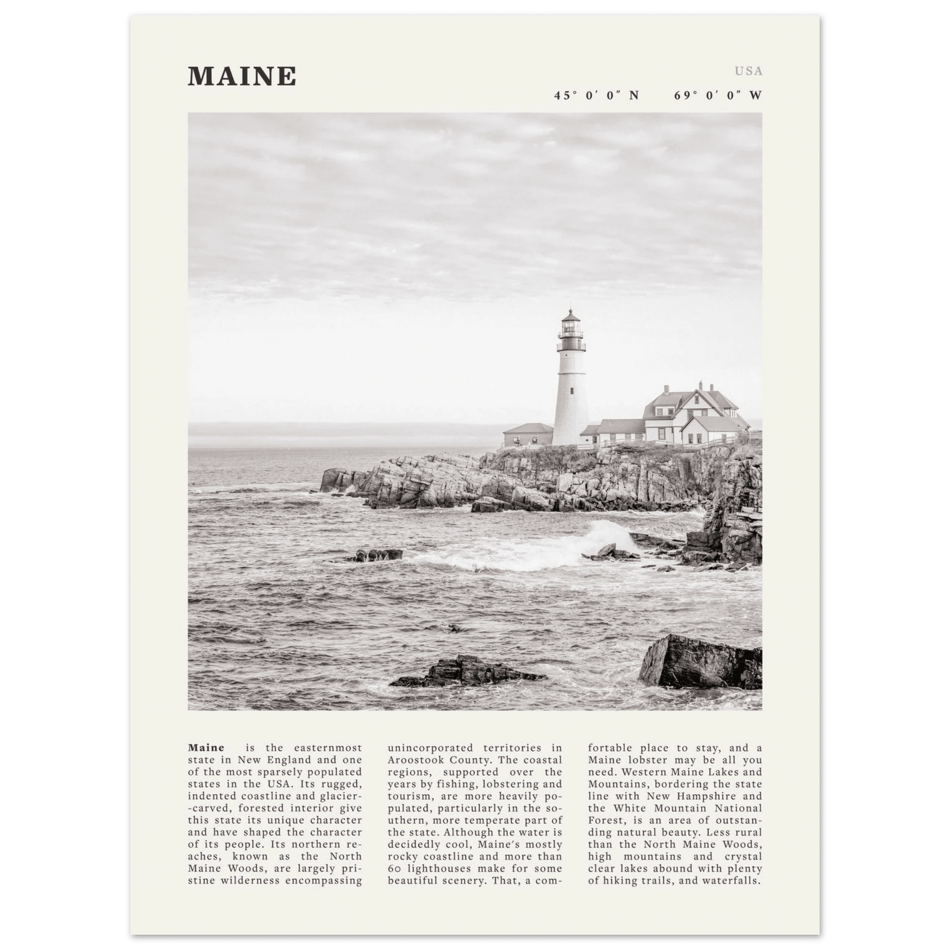 Maine Poster | Black & White Lighthouse Wall Art | New England Coastal Travel Print - Evergreen Posters