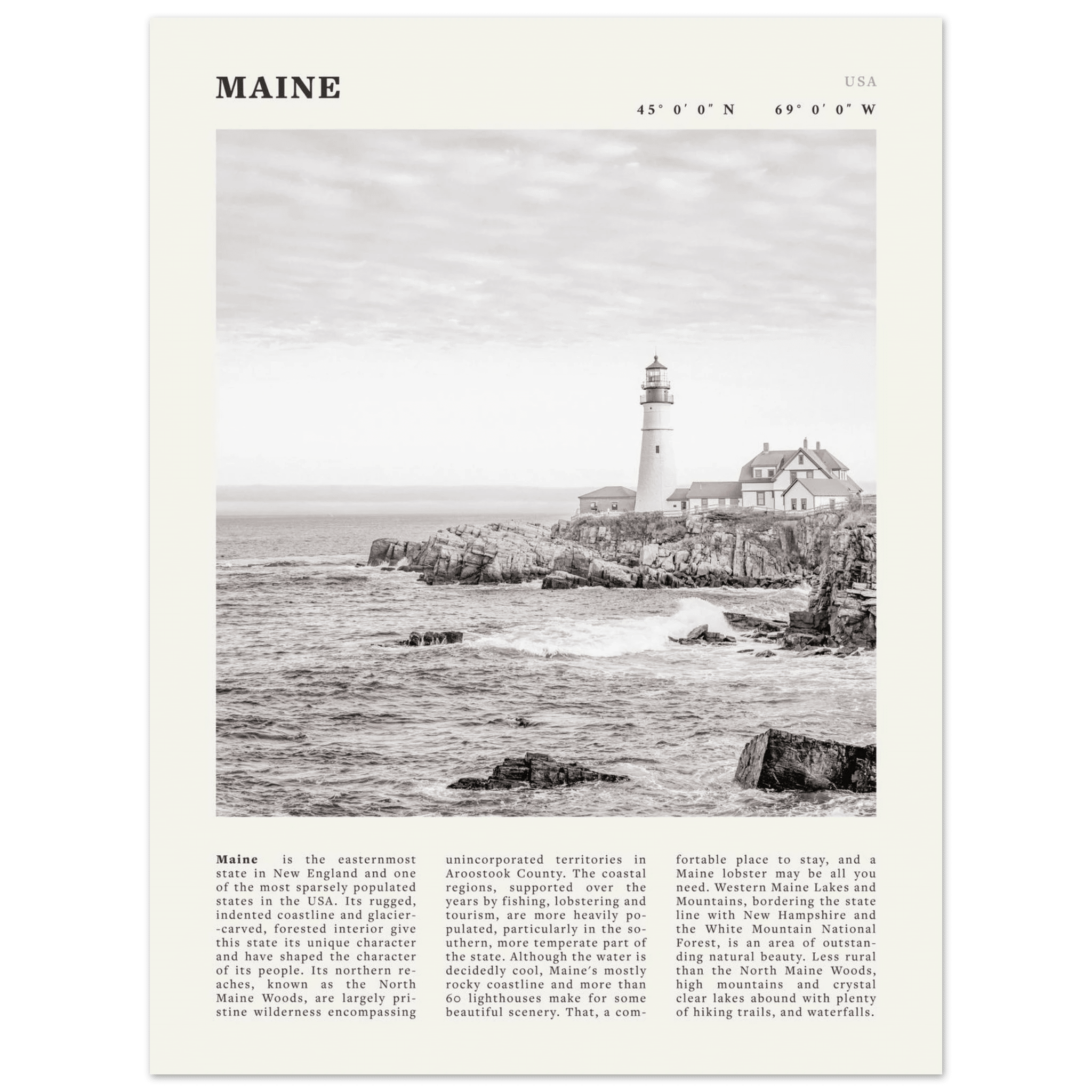 Maine Poster | Black & White Lighthouse Wall Art | New England Coastal Travel Print - Evergreen Posters