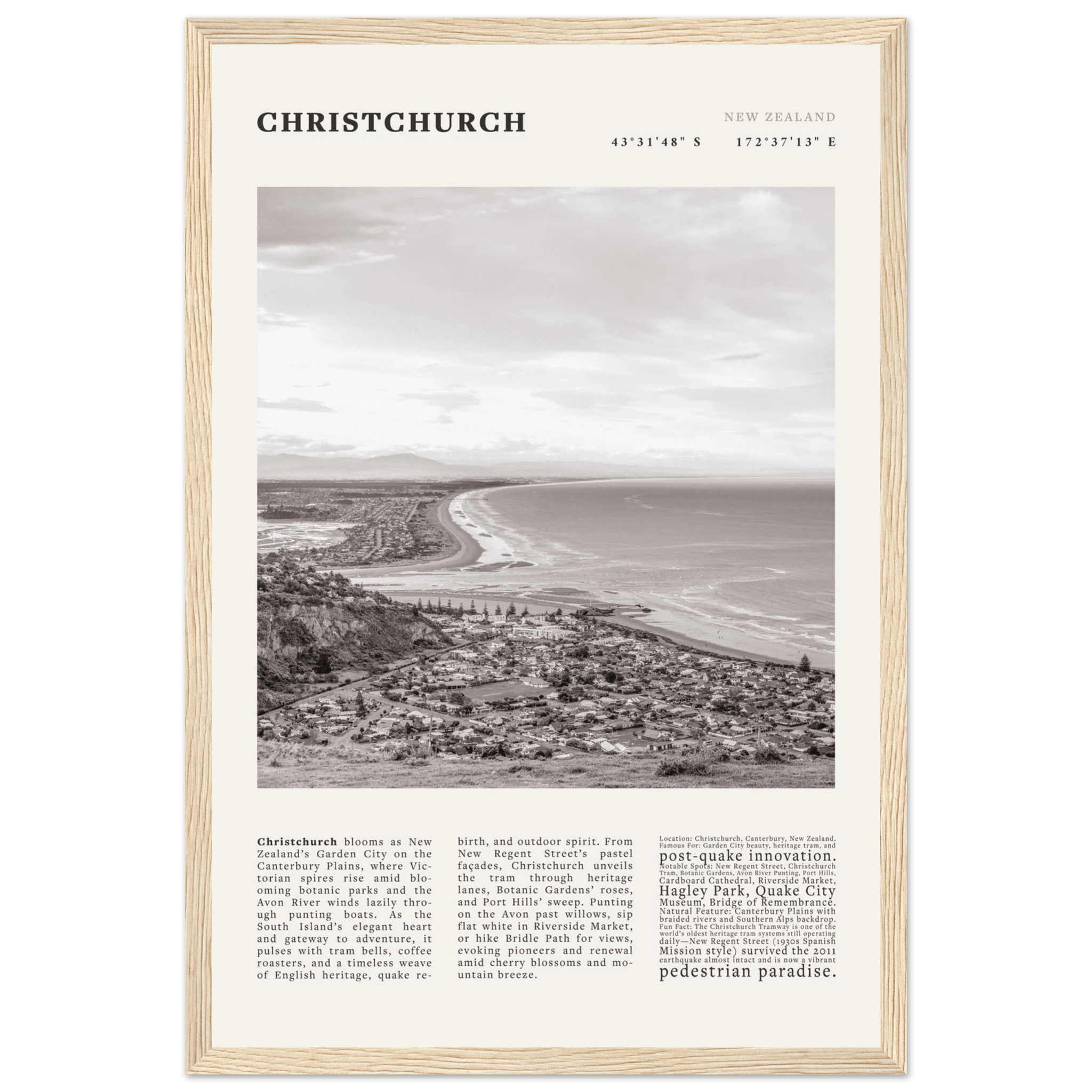 Christchurch New Zealand Poster Black and White – Vintage Garden City Panorama Print - Evergreen Posters