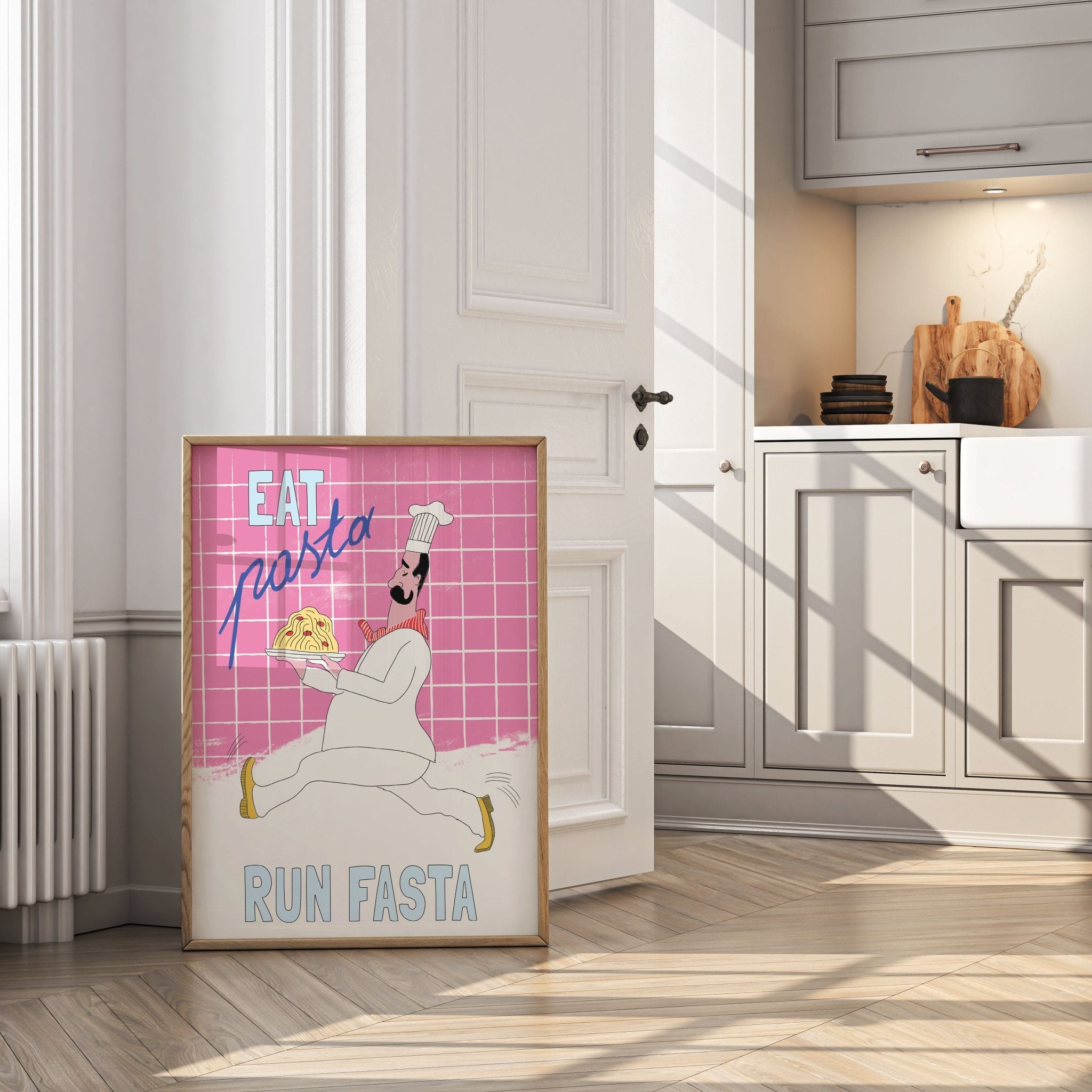 Eat Pasta Run Fasta Poster – Playful Kitchen Wall Art Print (Pink Edition) - Evergreen Posters