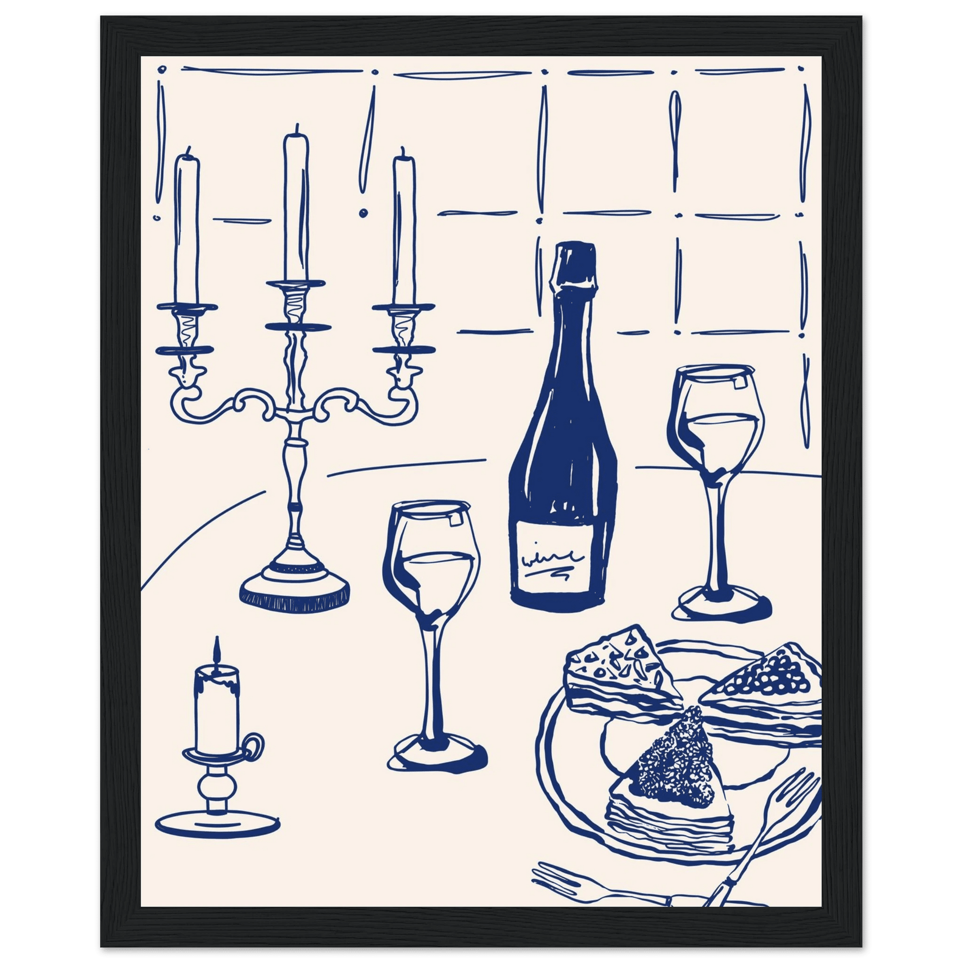 Candlelight Dinner Print | Navy Blue Wine & Candelabra Line Art | Kitchen Poster - Evergreen Posters