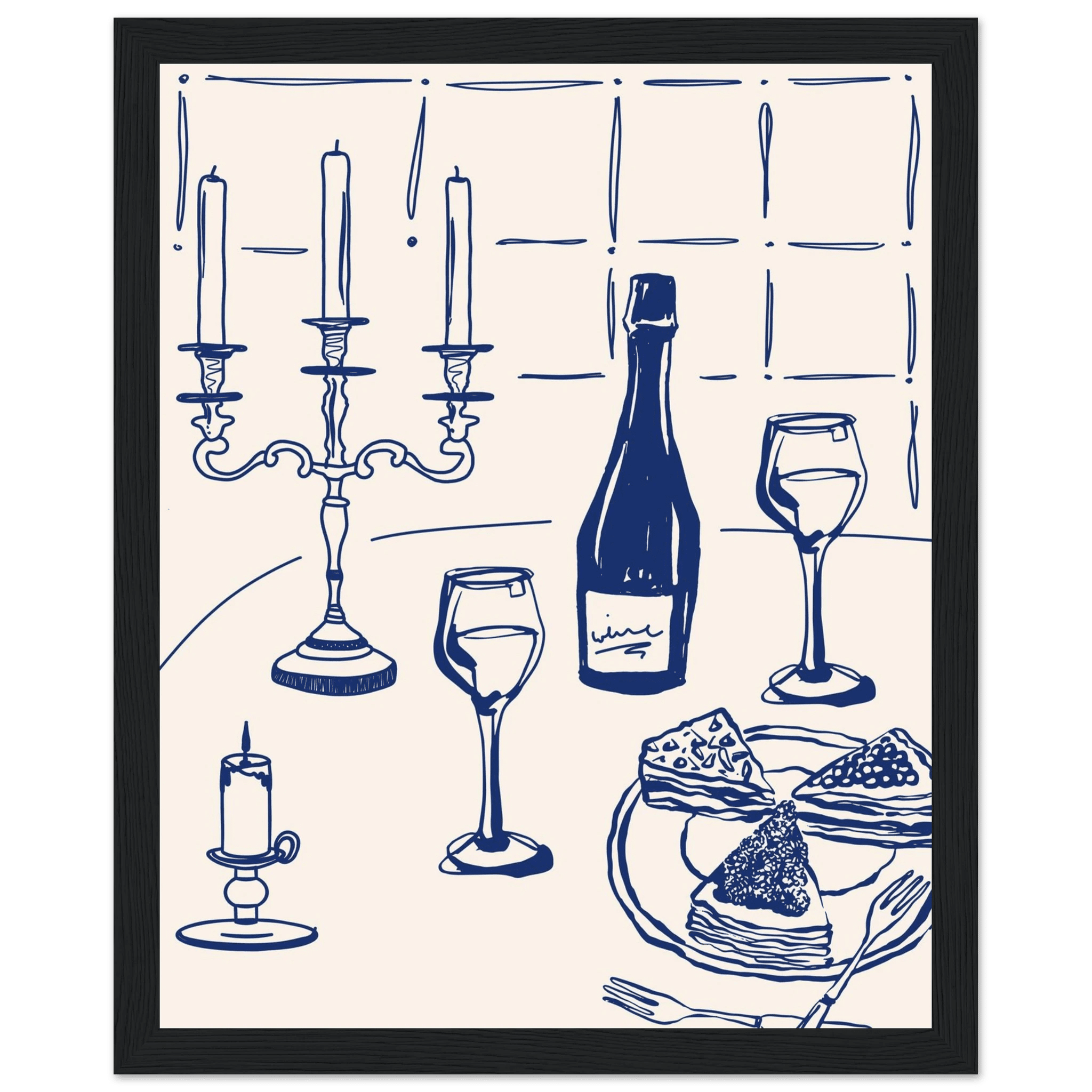 Candlelight Dinner Print | Navy Blue Wine & Candelabra Line Art | Kitchen Poster - Evergreen Posters