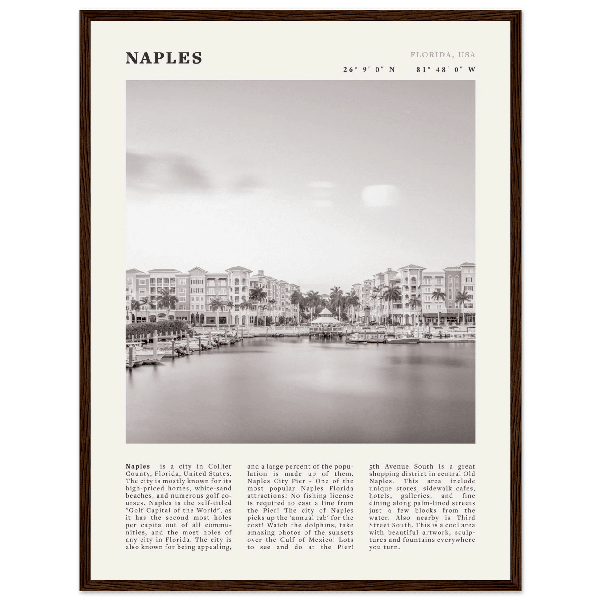Naples Florida Poster | Black & White Gulf Coast Wall Art | FL Travel Print - Evergreen Posters
