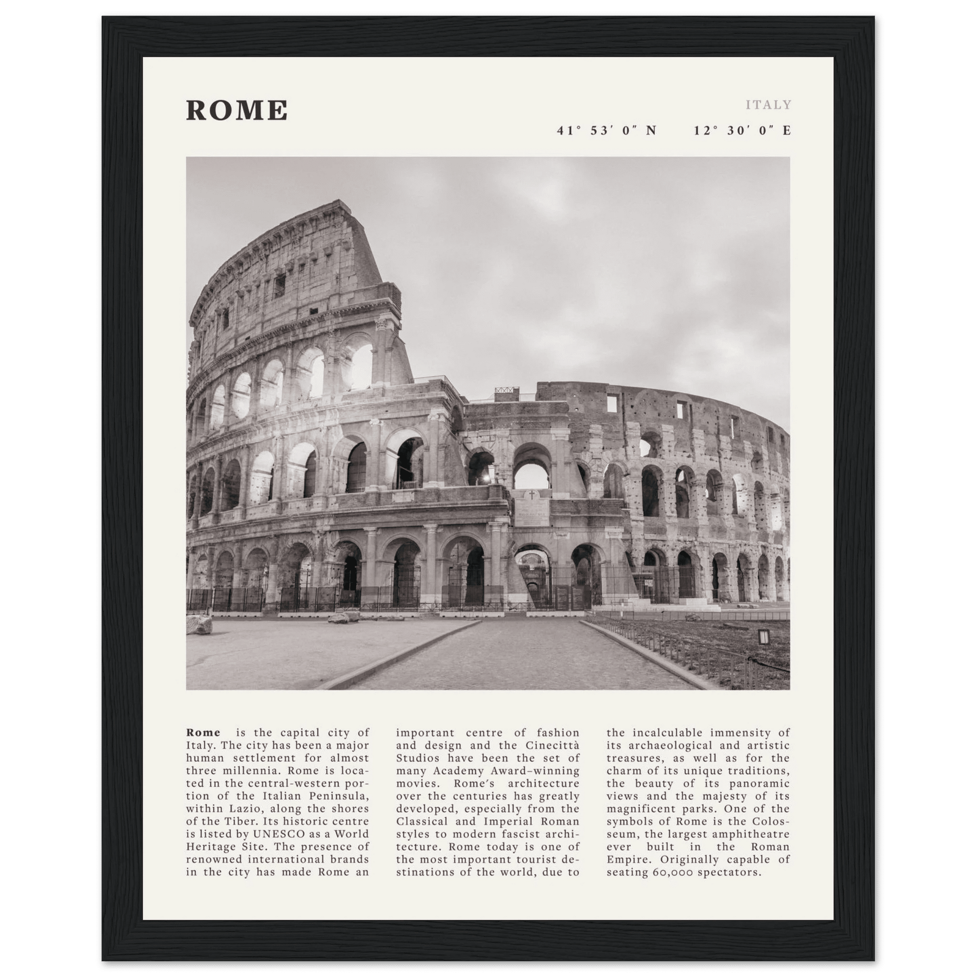 Rome Poster | Black & White Colosseum Wall Art | Italy Travel Print | Roman Decor - Evergreen Posters