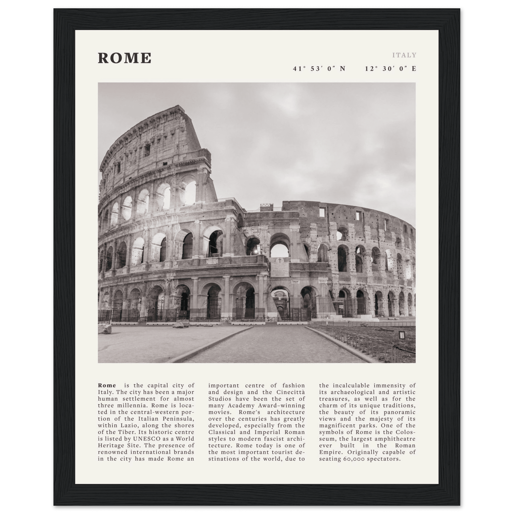 Rome Poster | Black & White Colosseum Wall Art | Italy Travel Print | Roman Decor - Evergreen Posters