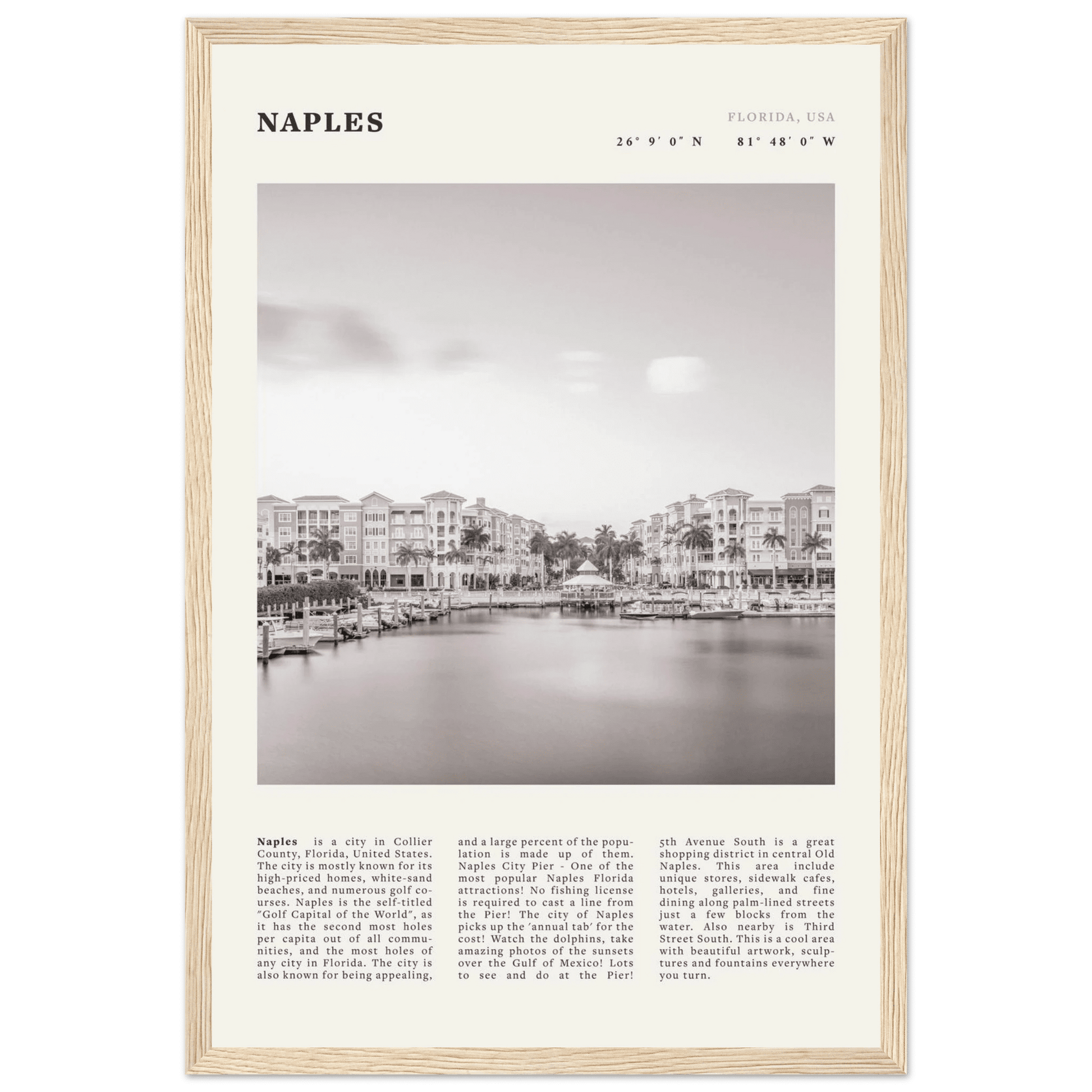 Naples Florida Poster | Black & White Gulf Coast Wall Art | FL Travel Print - Evergreen Posters
