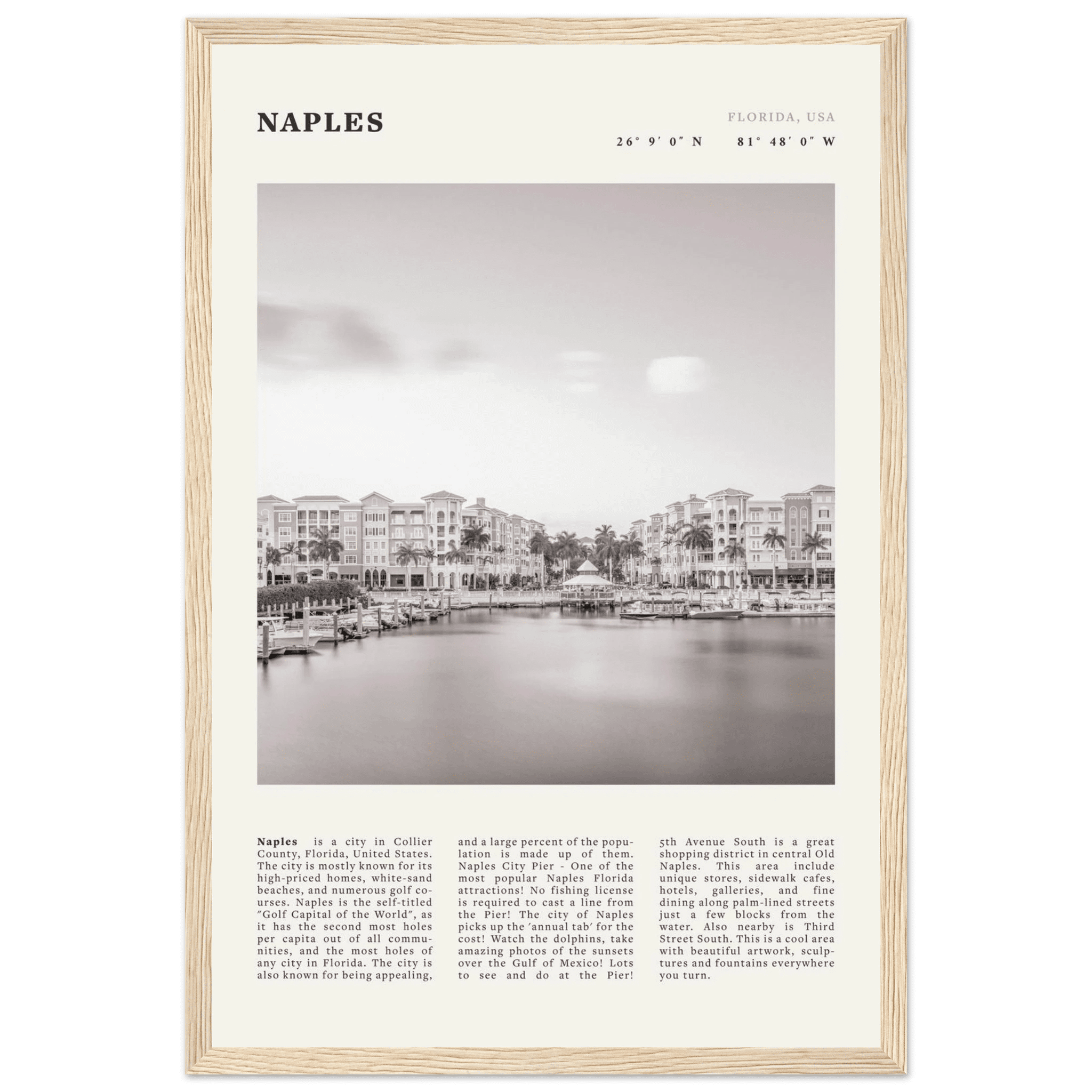 Naples Florida Poster | Black & White Gulf Coast Wall Art | FL Travel Print - Evergreen Posters