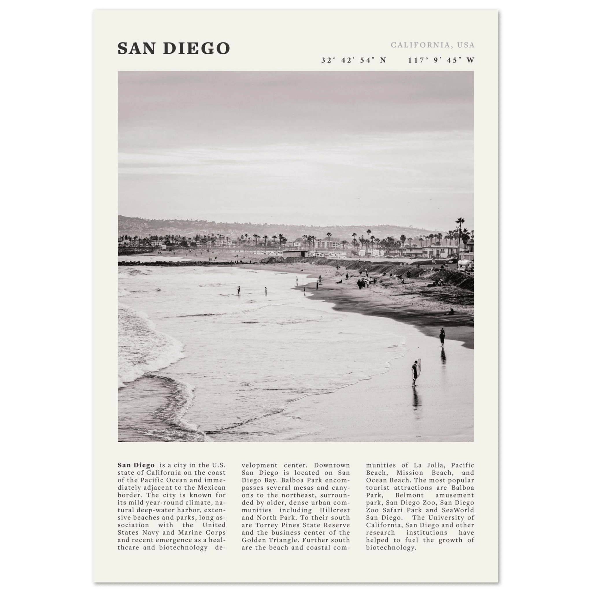 San Diego Poster | Black & White California Beach Wall Art | Coastal Travel Print Decor - Evergreen Posters