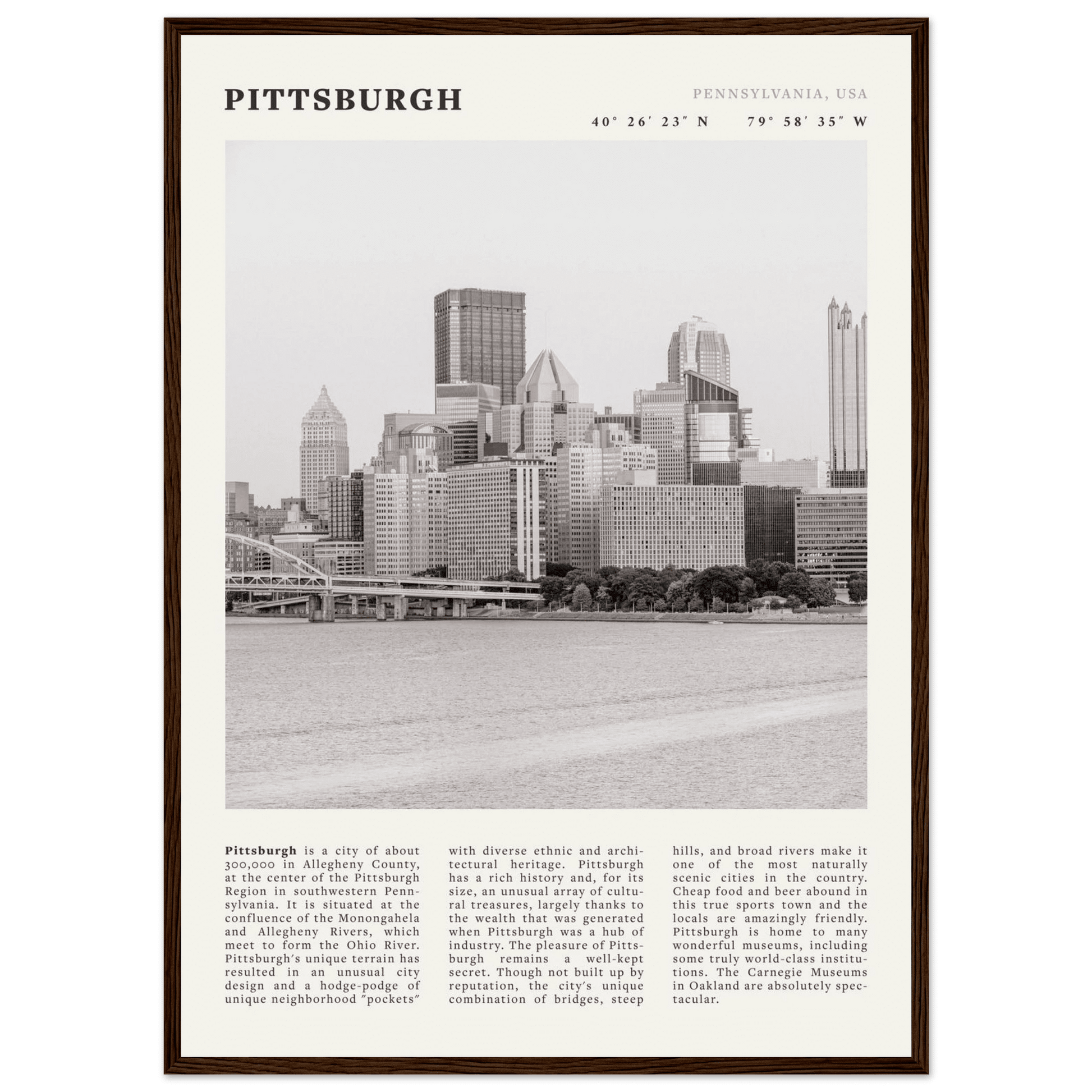 Pittsburgh Poster | Black & White Pennsylvania Skyline Wall Art | PA Travel Print - Evergreen Posters