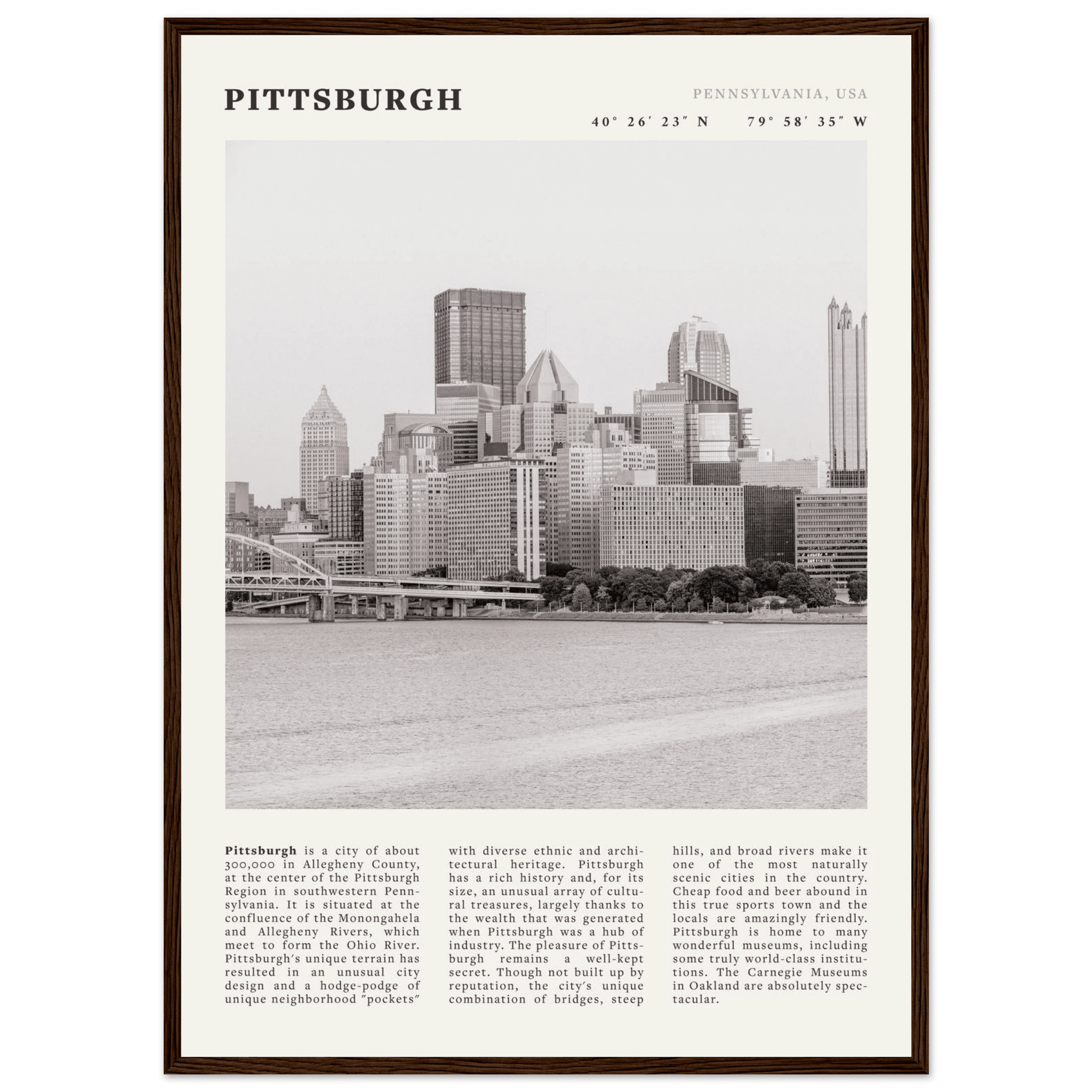 Pittsburgh Poster | Black & White Pennsylvania Skyline Wall Art | PA Travel Print - Evergreen Posters