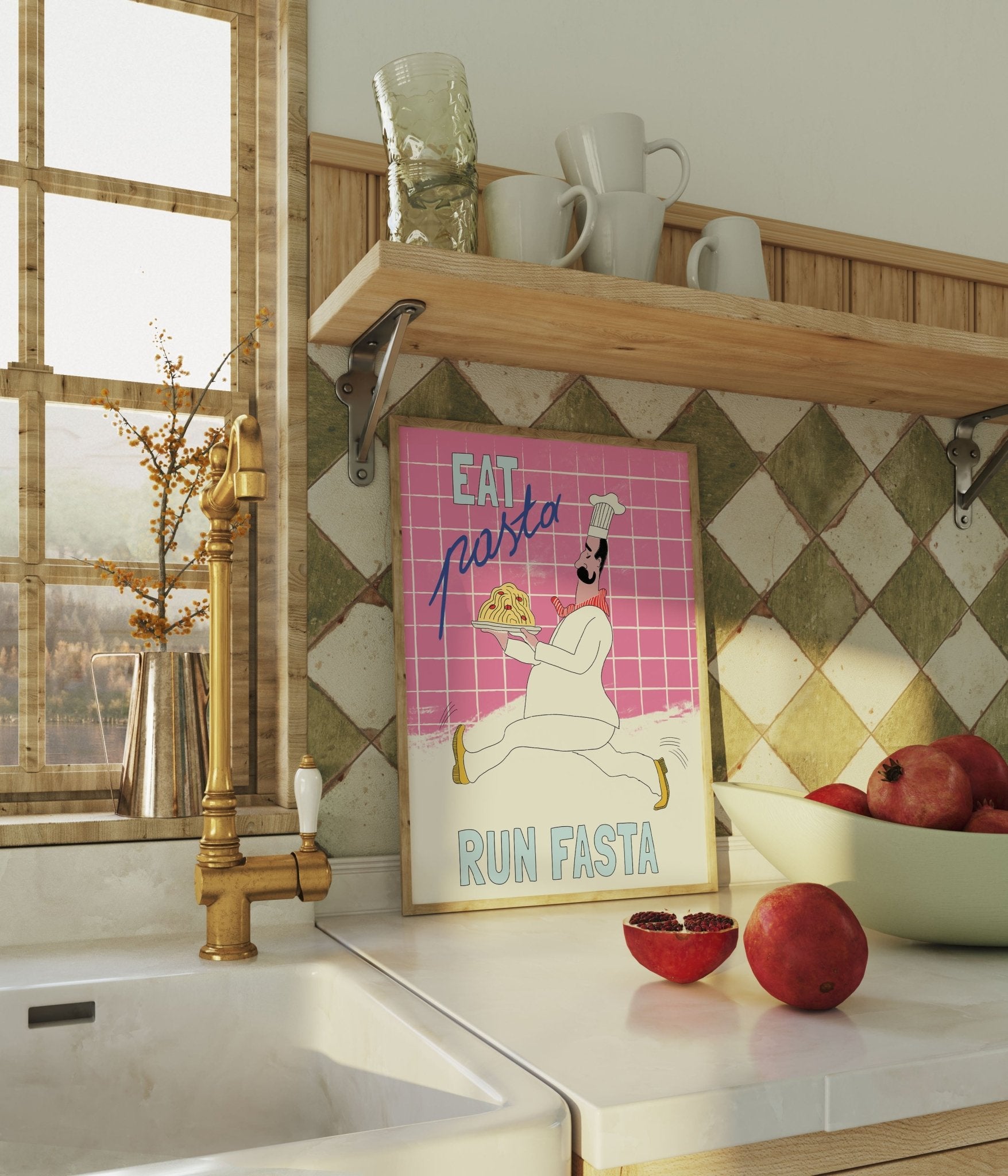 Eat Pasta Run Fasta Poster – Playful Kitchen Wall Art Print (Pink Edition) - Evergreen Posters