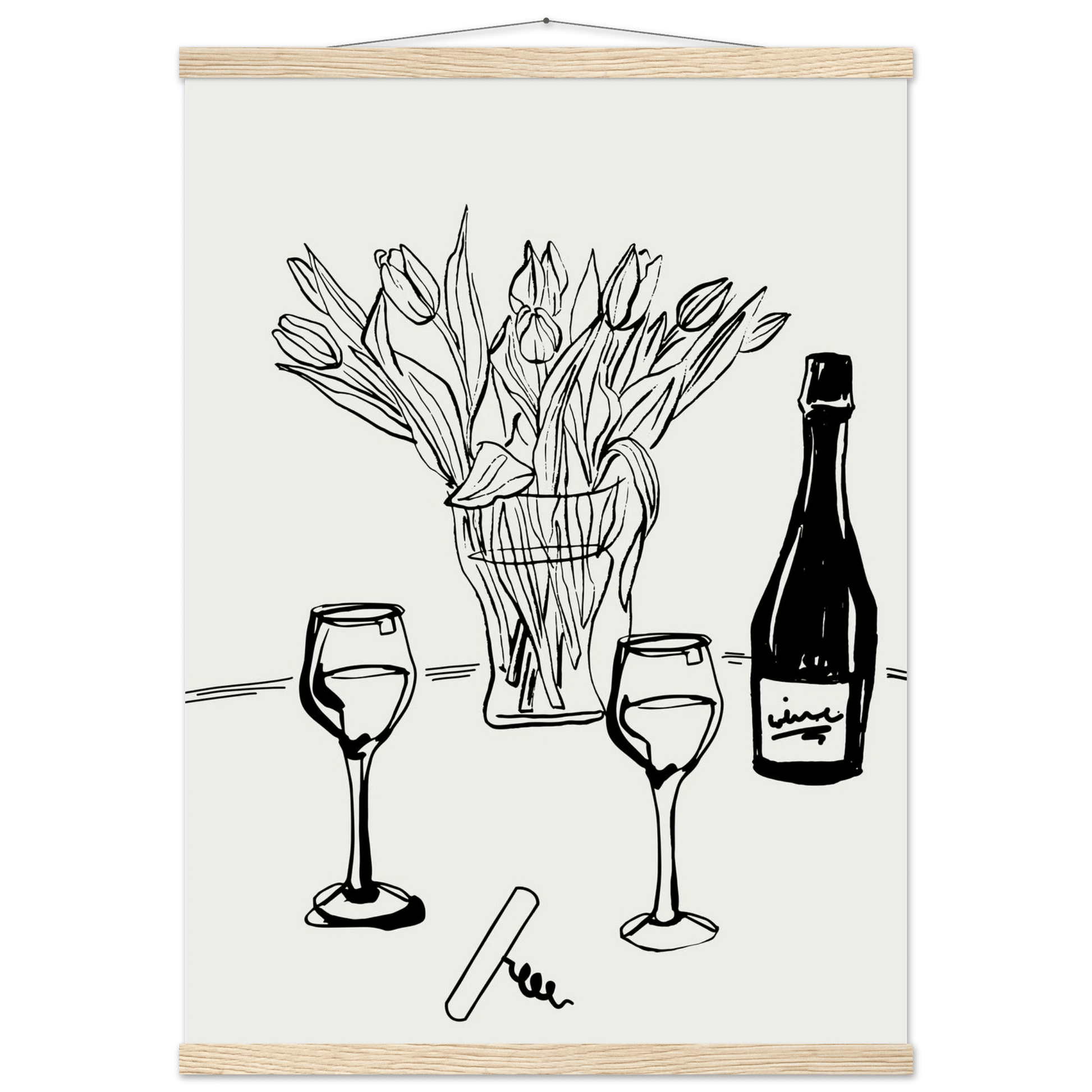 Wine & Tulips Print | Black Line Art Wine Bottle Wall Art | Minimalist Kitchen Poster - Evergreen Posters