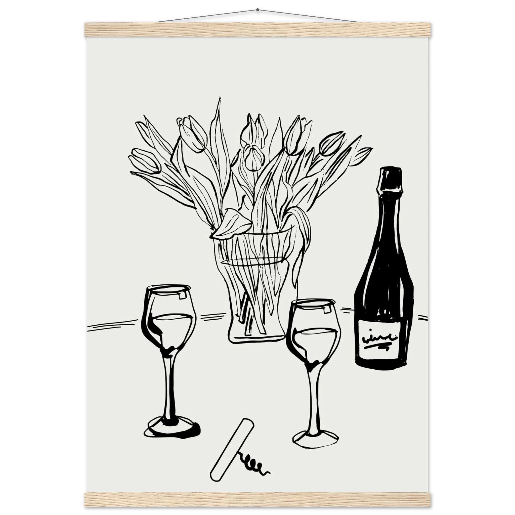 Wine & Tulips Print | Black Line Art Wine Bottle Wall Art | Minimalist Kitchen Poster - Evergreen Posters