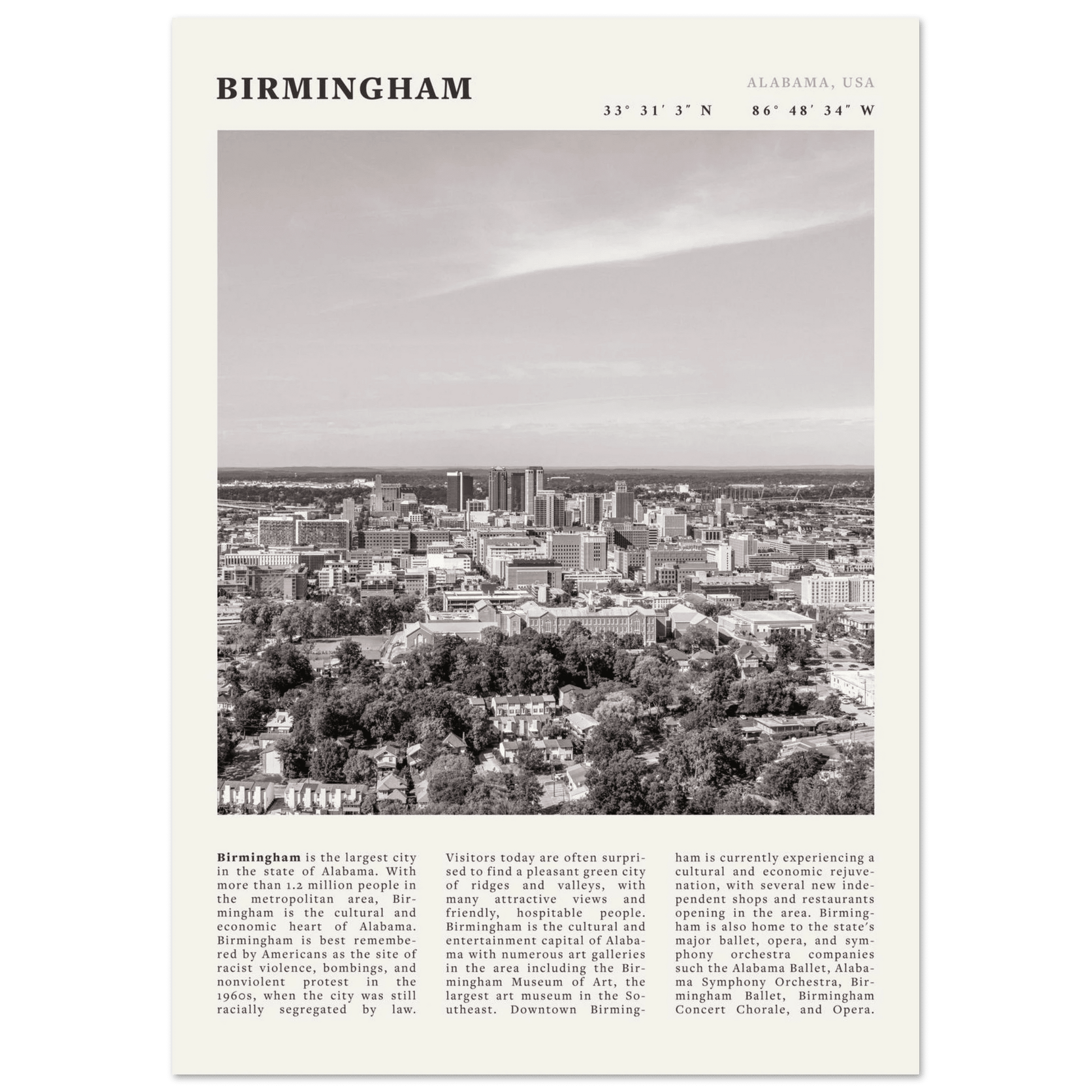 Birmingham Poster | Black & White Alabama Skyline Wall Art | AL Travel Print - Evergreen Posters