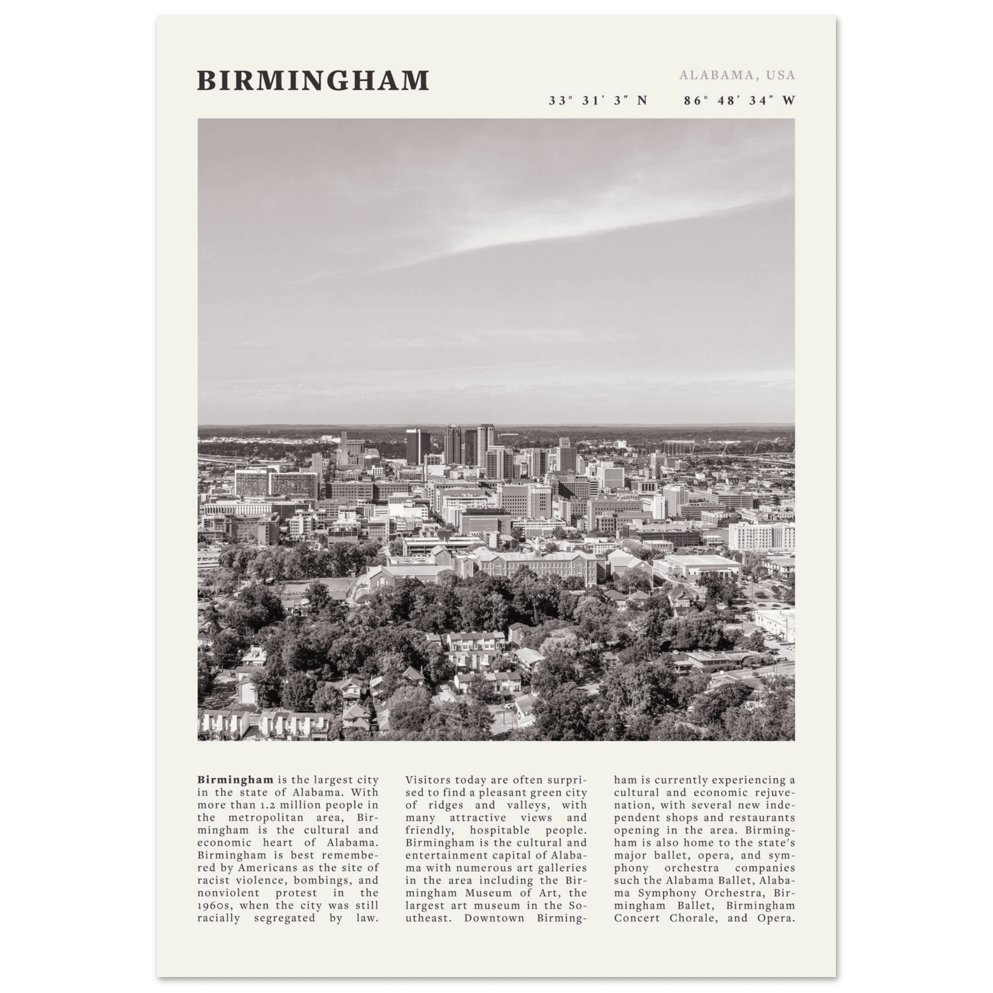 Birmingham Poster | Black & White Alabama Skyline Wall Art | AL Travel Print - Evergreen Posters