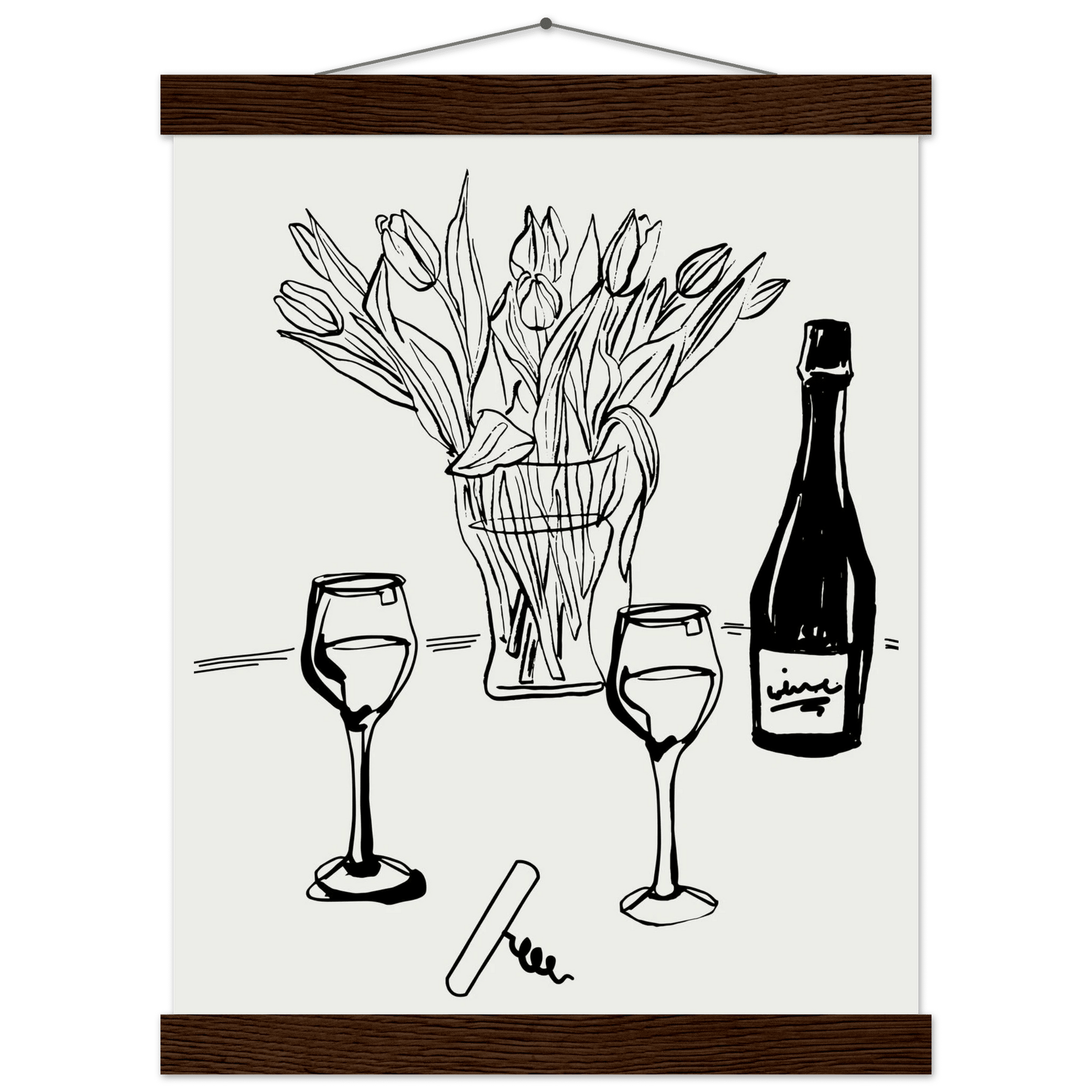 Wine & Tulips Print | Black Line Art Wine Bottle Wall Art | Minimalist Kitchen Poster - Evergreen Posters